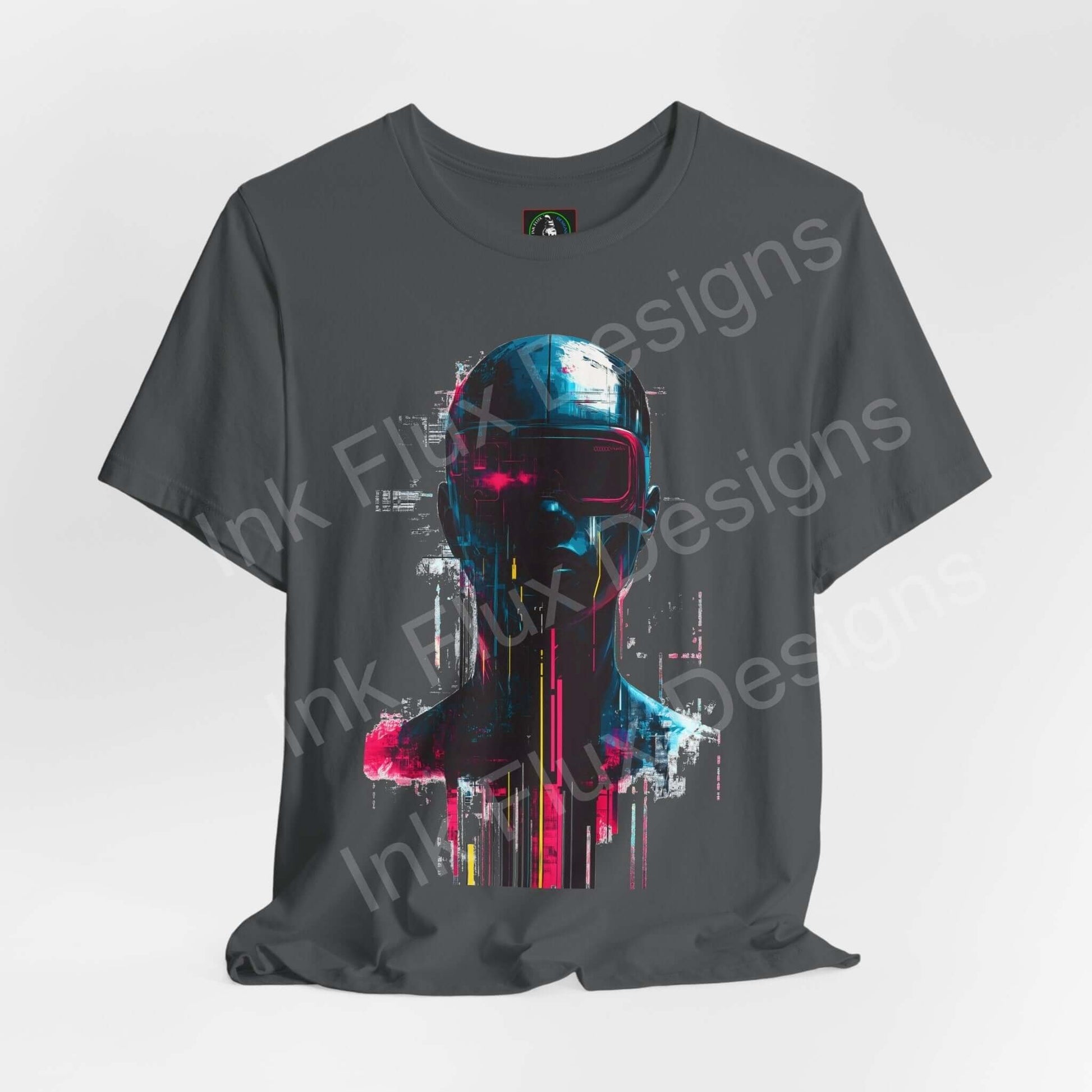 Cyberpunk Portrait I graphic tee featuring a vivid, colorful robot face design on a charcoal grey T-shirt, ideal for fans of futuristic styles.