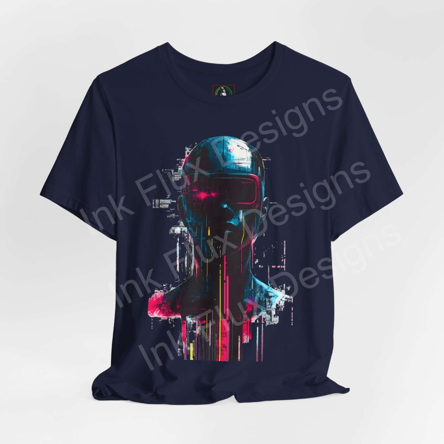 Cyberpunk Portrait I graphic tee with vivid neon colors on a dark navy unisex T-shirt, showcasing a stylized futuristic design.