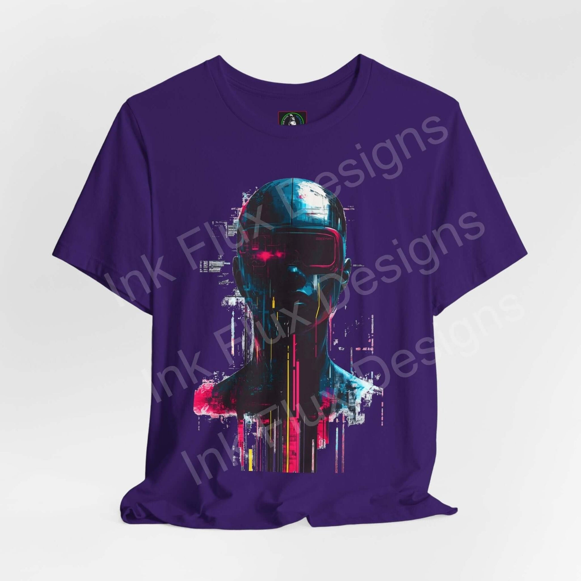 Unisex purple T-shirt featuring a vibrant cyberpunk graphic design with a futuristic helmet in neon pink and blue tones.