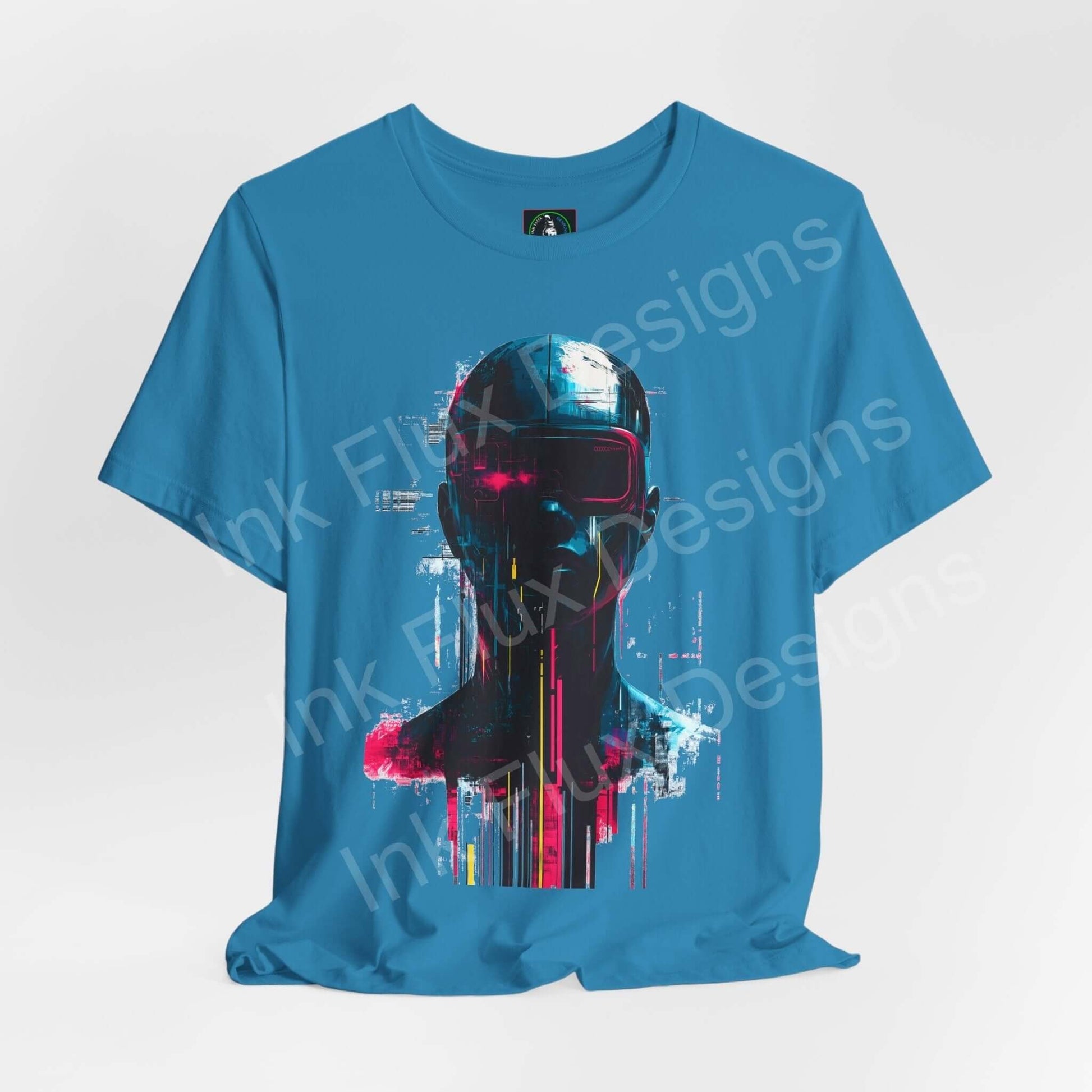 Blue Cyberpunk graphic tee featuring vibrant headshot design with pink and blue splatters on high-quality Bella+Canvas shirt.