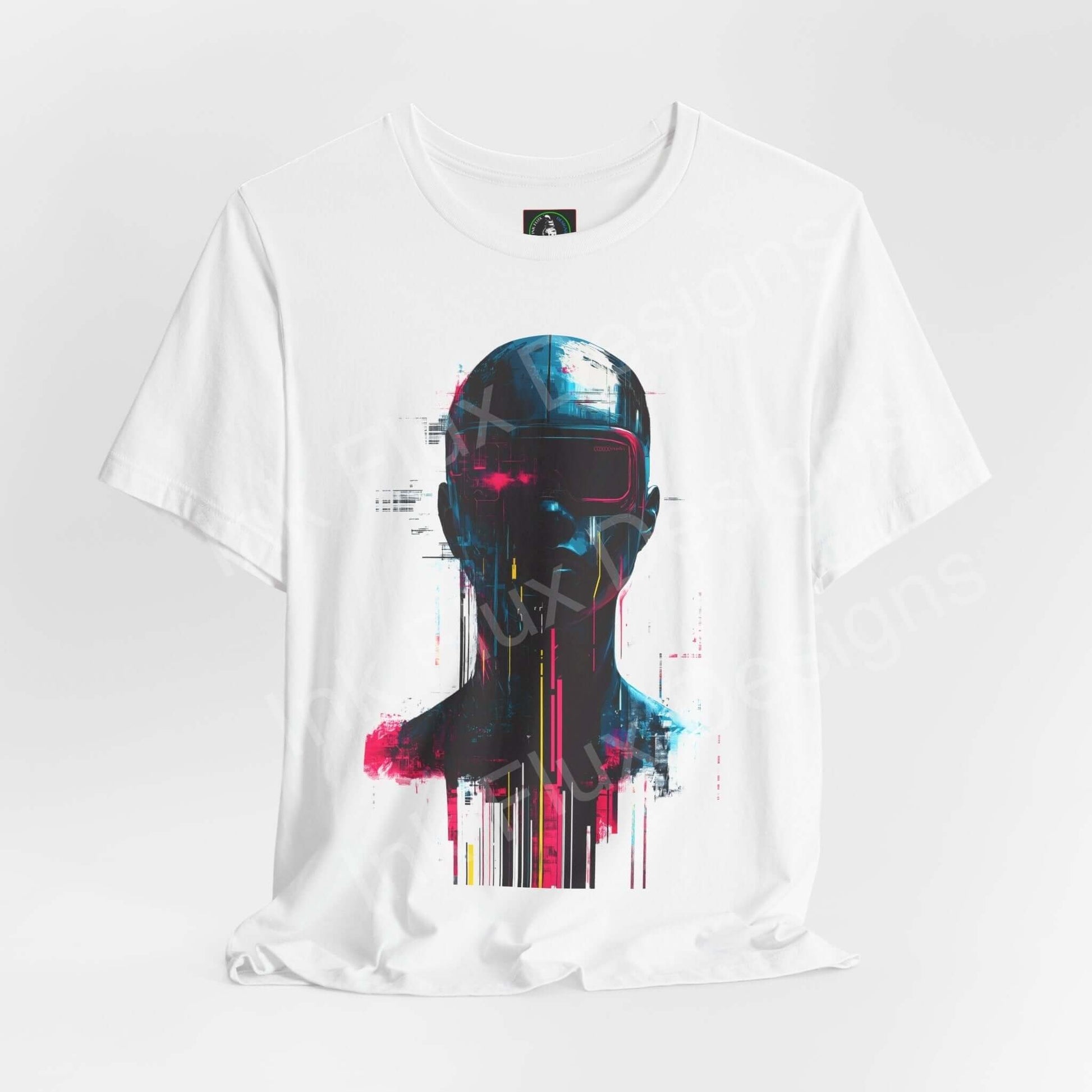 Cyberpunk Portrait I graphic tee featuring a vibrant blue and pink splatter design on a white unisex T-shirt by Bella+Canvas