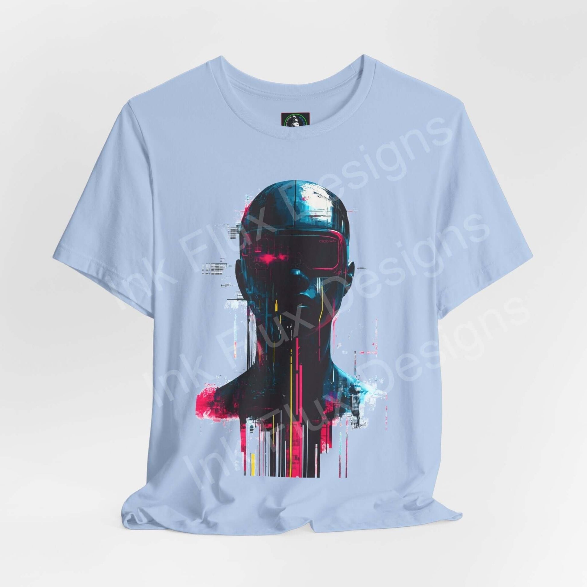Cyberpunk Portrait I graphic tee in light blue, featuring a vibrant, splattered paint cyber face design, perfect for stylish casual wear.