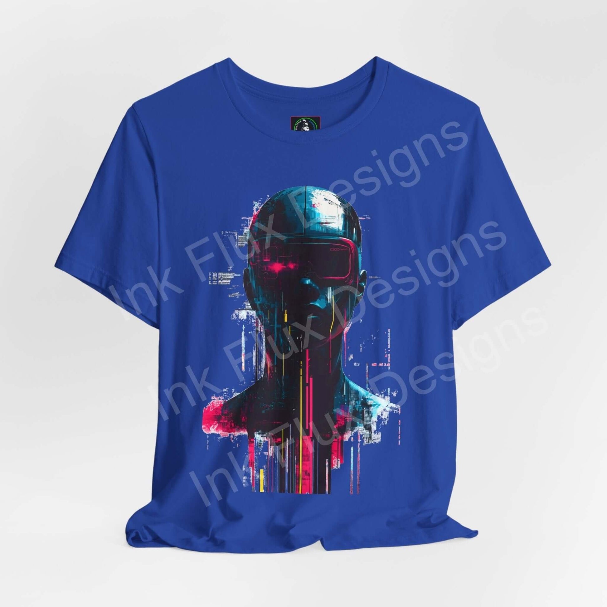 Blue unisex Cyberpunk graphic tee featuring a vibrant cybernetic face design in vivid colors, crafted from breathable cotton by Bella+Canvas.