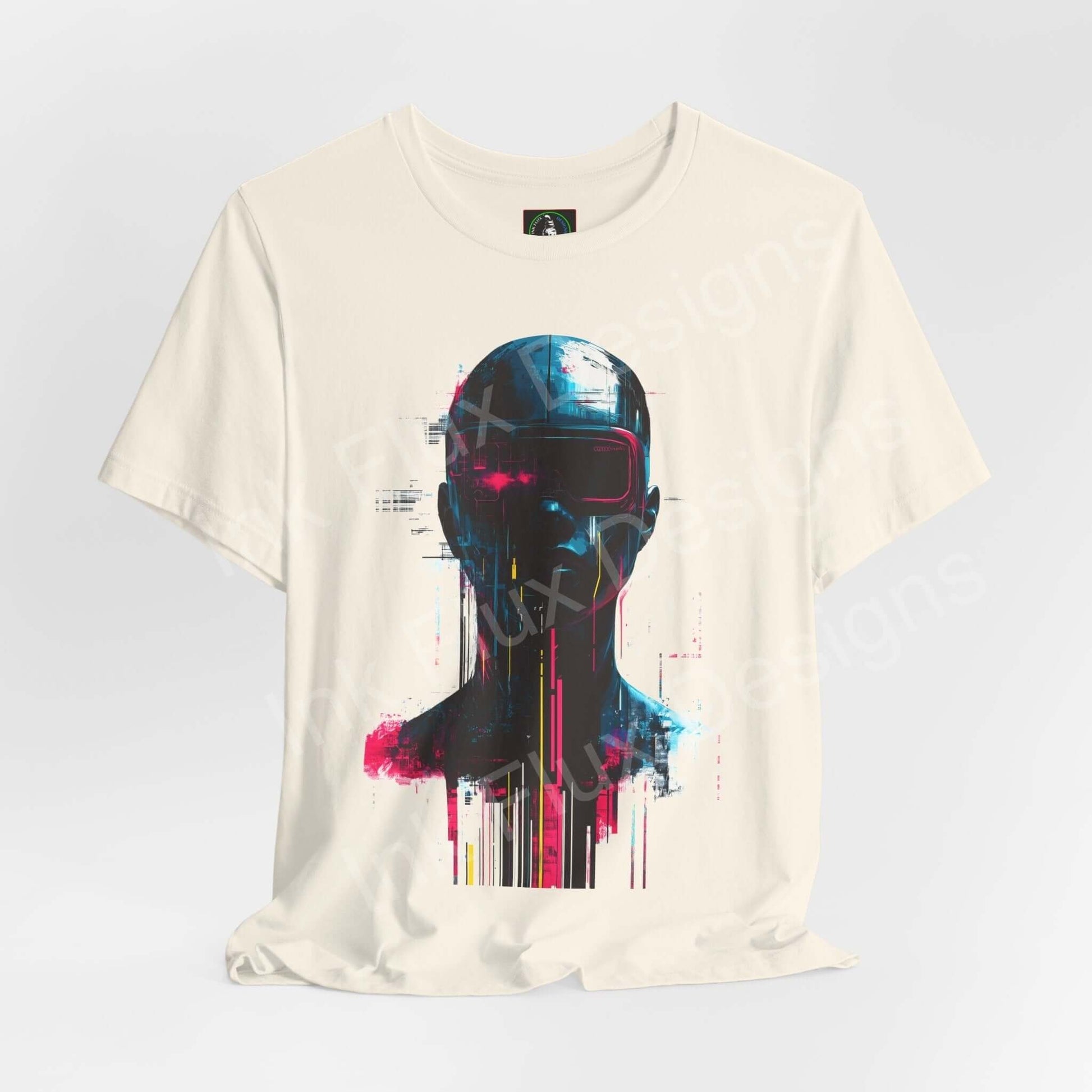 Cyberpunk-inspired graphic tee featuring a vibrant, abstract portrait in blue and pink on a unisex white T-shirt from Bella+Canvas.