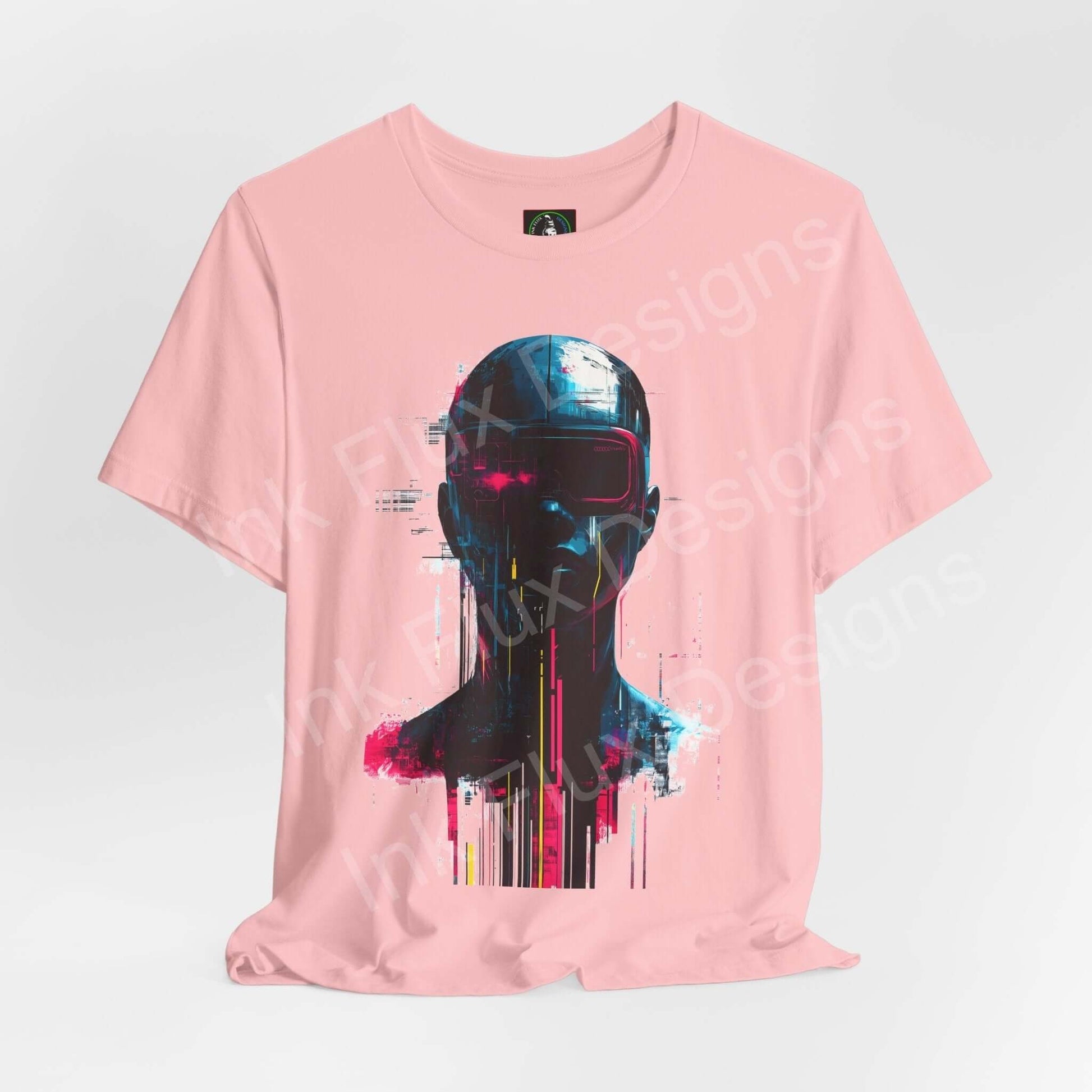 Pink unisex T-shirt featuring a vibrant cyberpunk graphic design, ideal for style-conscious enthusiasts of futuristic fashion.