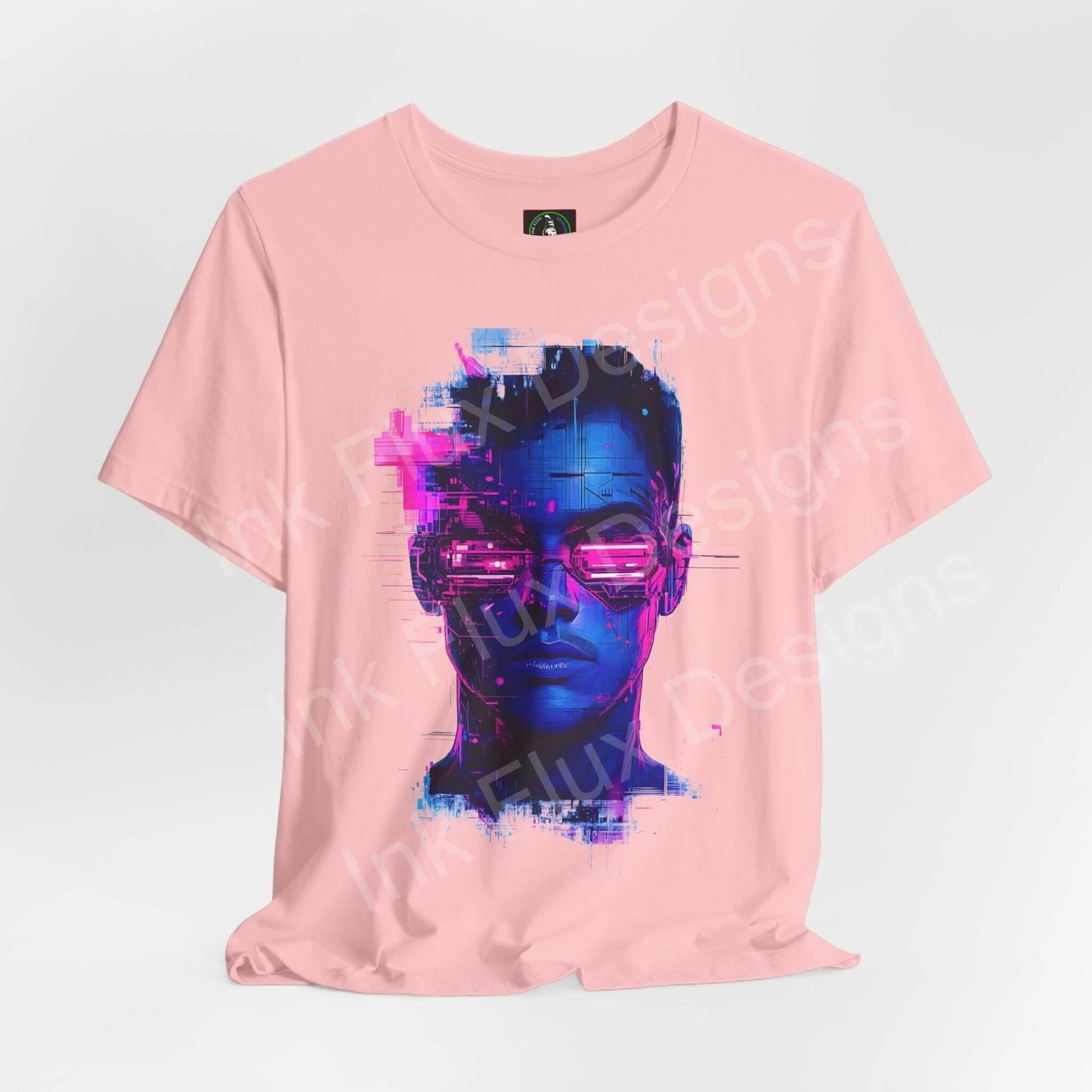 Pink unisex Cyberpunk Portrait II T-shirt featuring a stylish graphic print of a futuristic face in vibrant blue and purple tones.