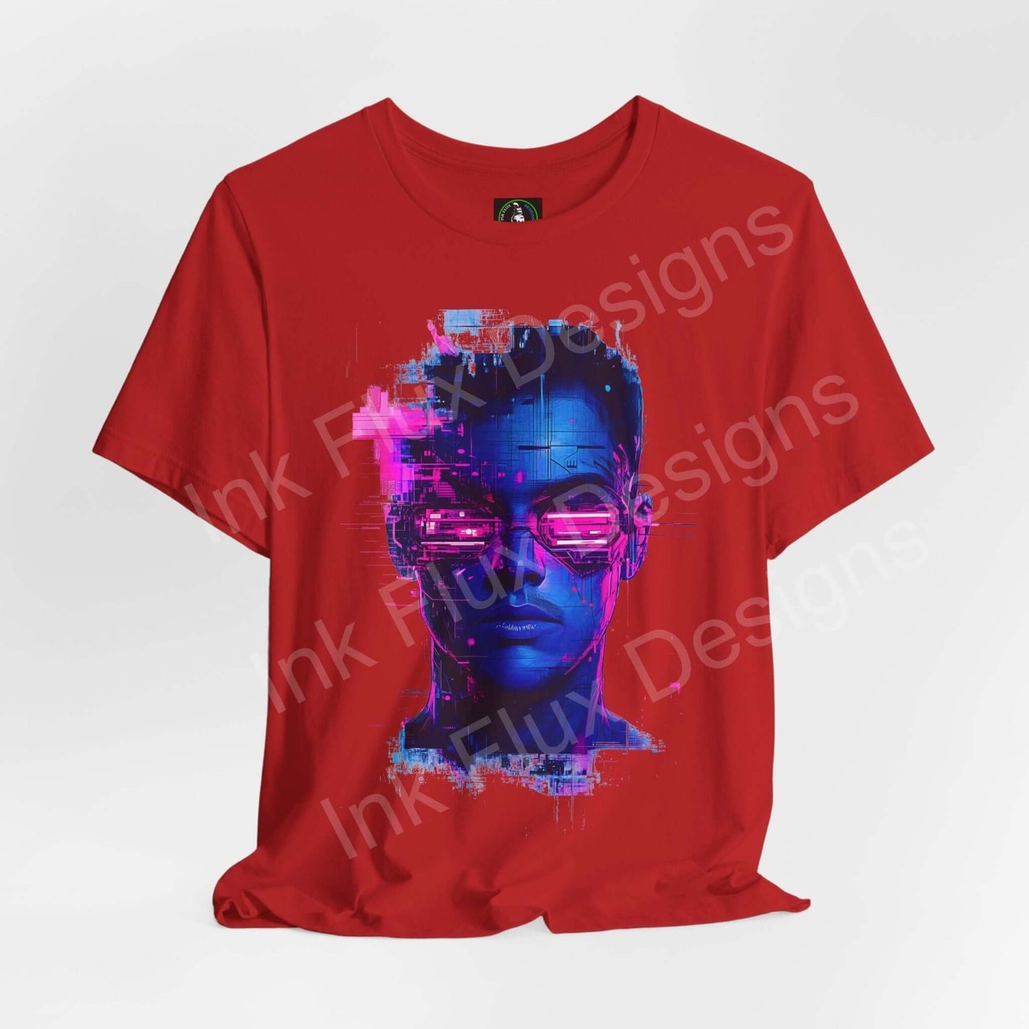 Red unisex T-shirt featuring a vibrant cyberpunk graphic design with a neon portrait, ideal for fans of futuristic styles and graphic tees.