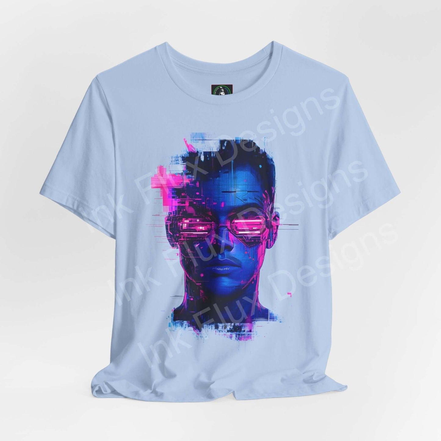 Light blue unisex jersey T-shirt featuring a vibrant cyberpunk graphic with pink and purple accents, styled with a ribbed collar and tapered shoulders.