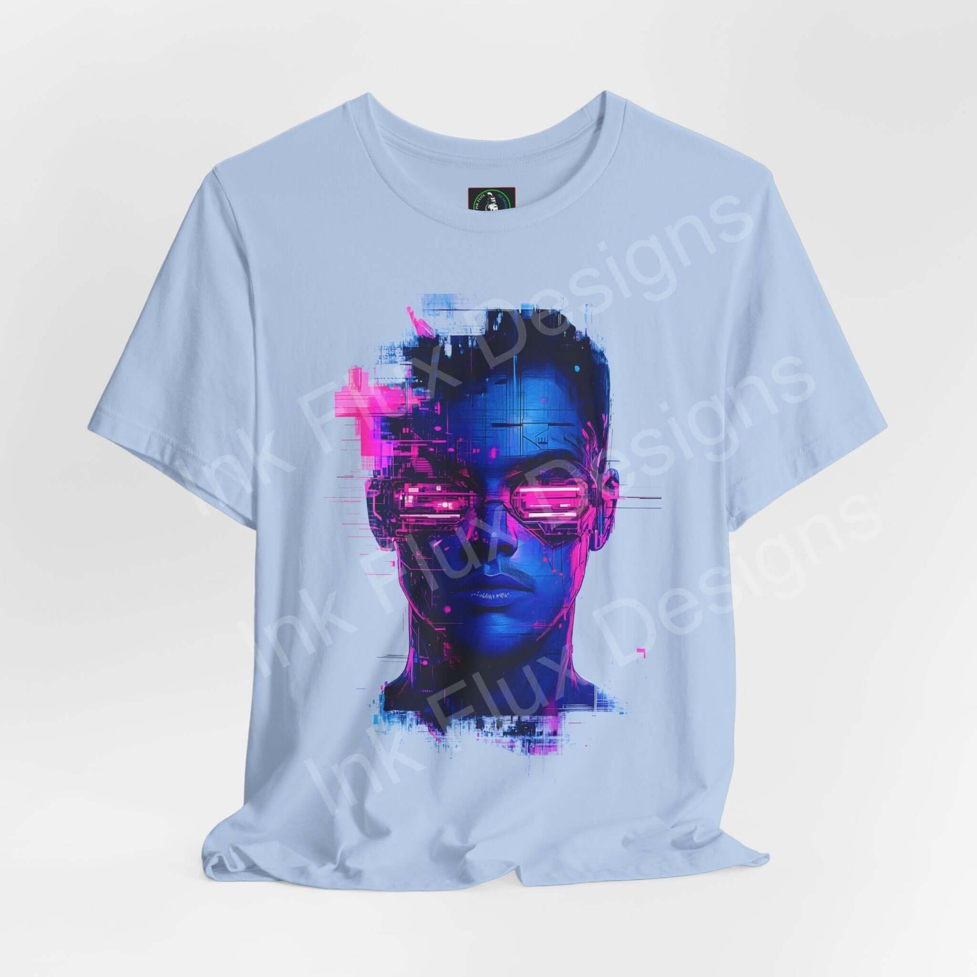 Cyberpunk T-Shirt featuring Portrait II graphic, showcasing futuristic art by Ink Flux Designs.