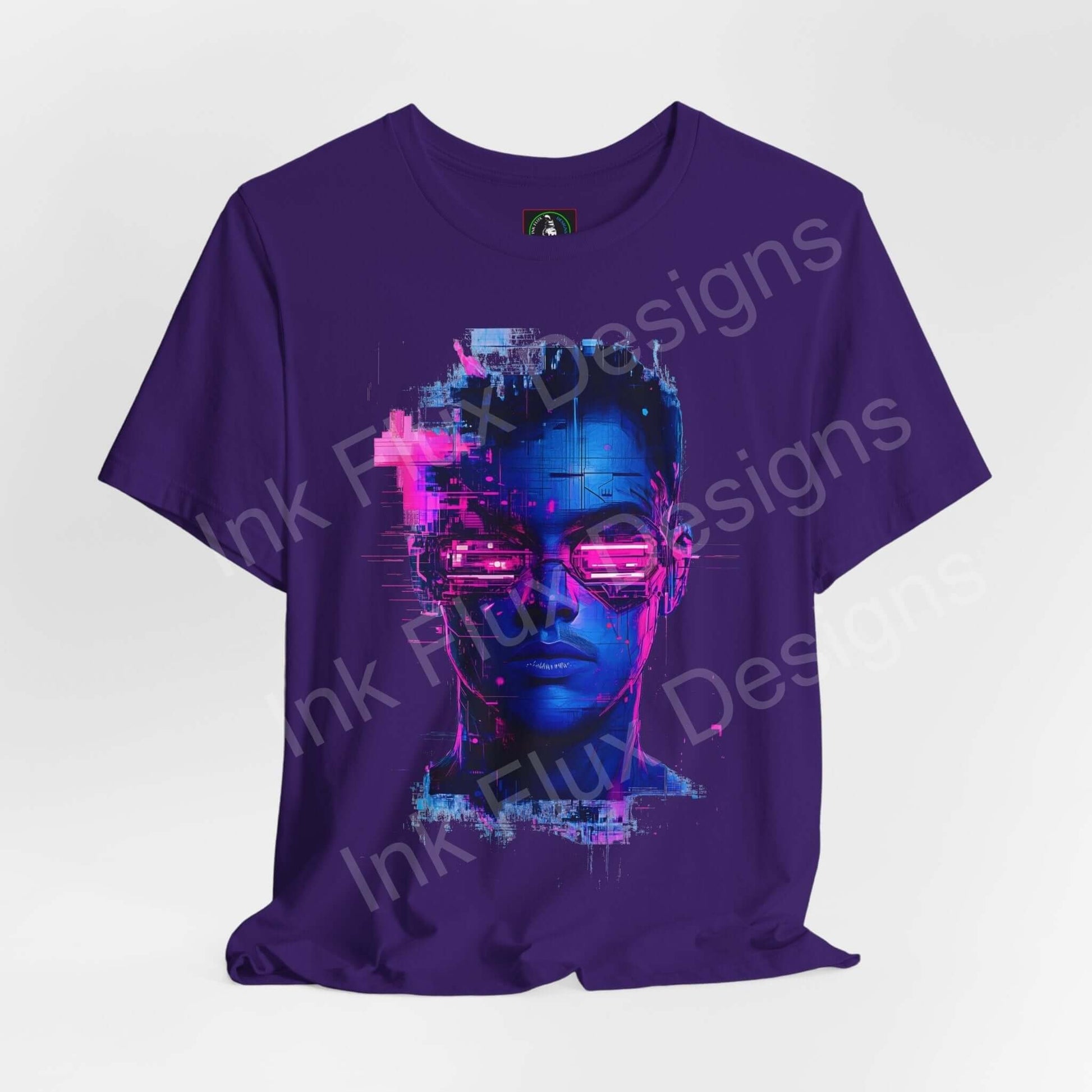 Cyberpunk t-shirt featuring a futuristic portrait with neon hues and glitch art details by Ink Flux Designs.