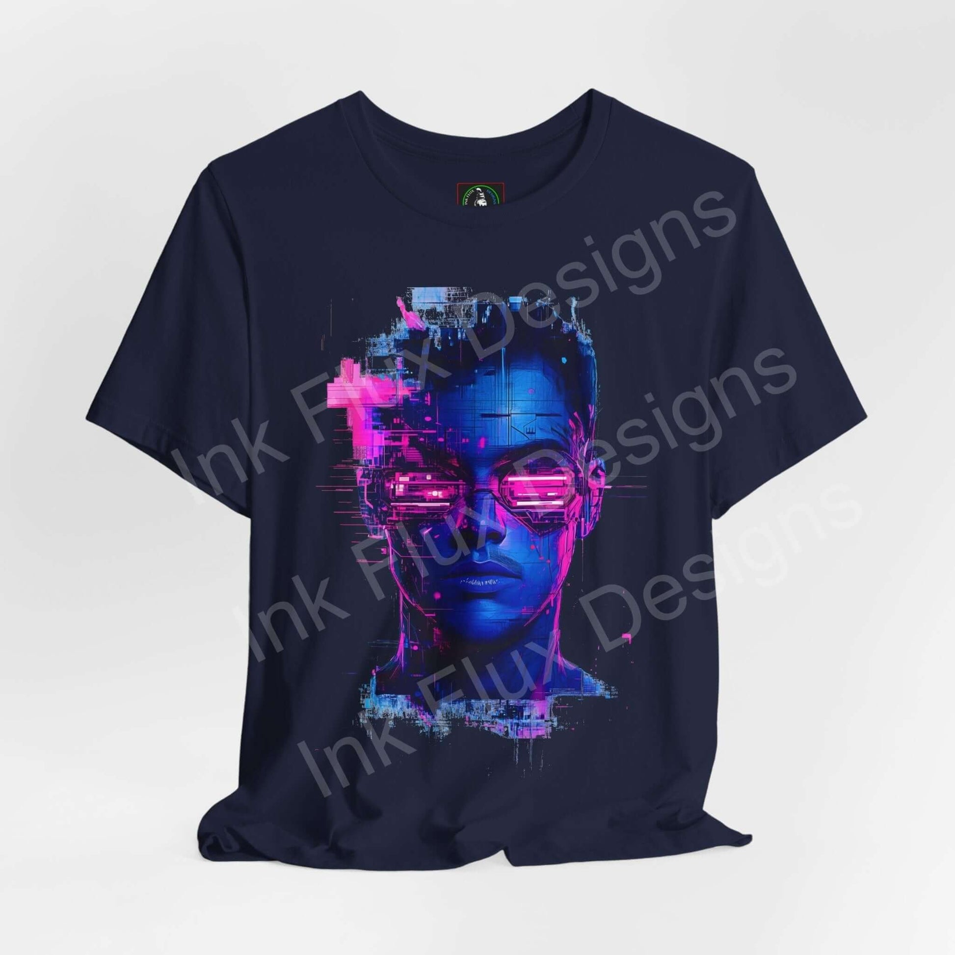 Cyberpunk t-shirt featuring a futuristic portrait with neon hues and glitch details by Ink Flux Designs.