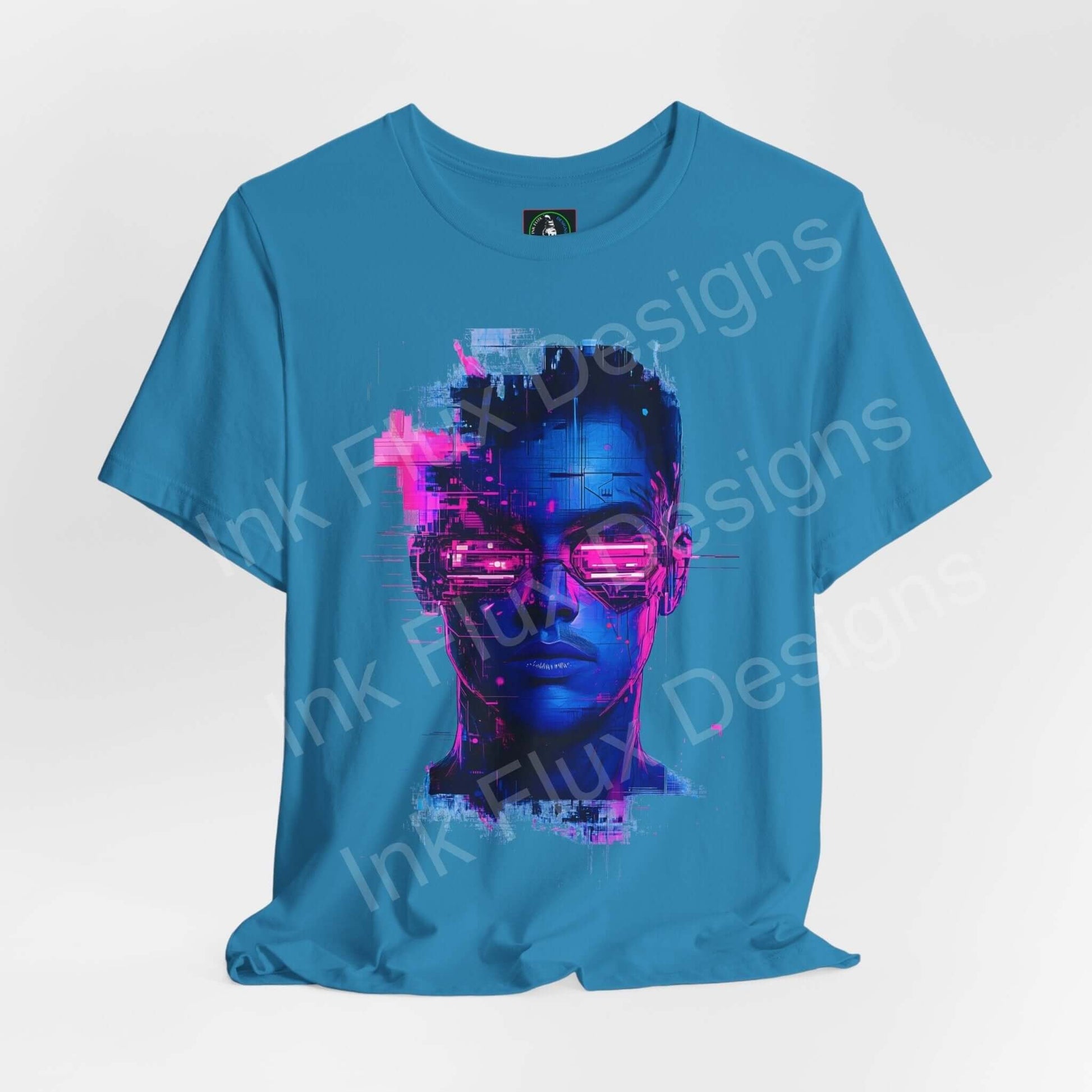 Cyberpunk T-Shirt – Futuristic Portrait II Graphic Tee by Ink Flux Designs in vibrant blue with neon details.