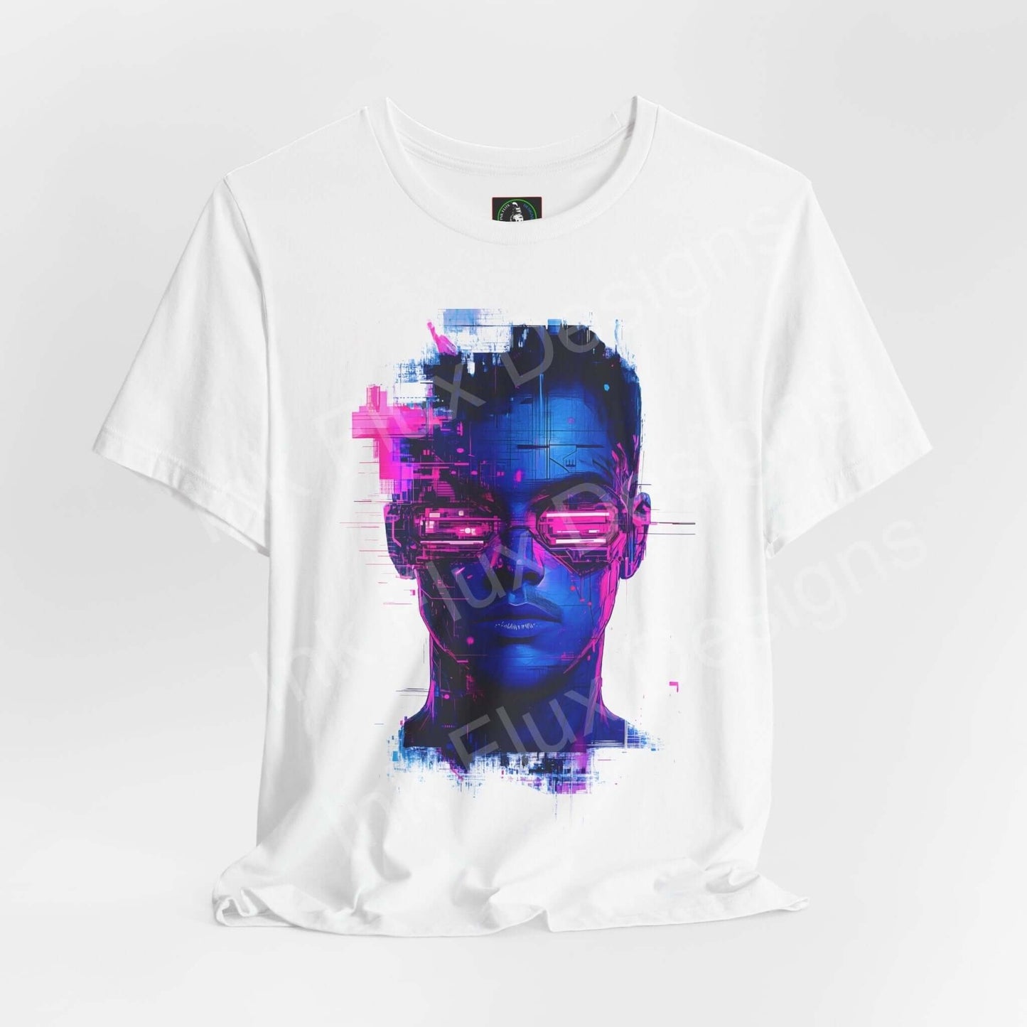 Cyberpunk-inspired graphic tee featuring a vibrant portrait in pink and blue on a white unisex jersey T-shirt by Bella+Canvas.