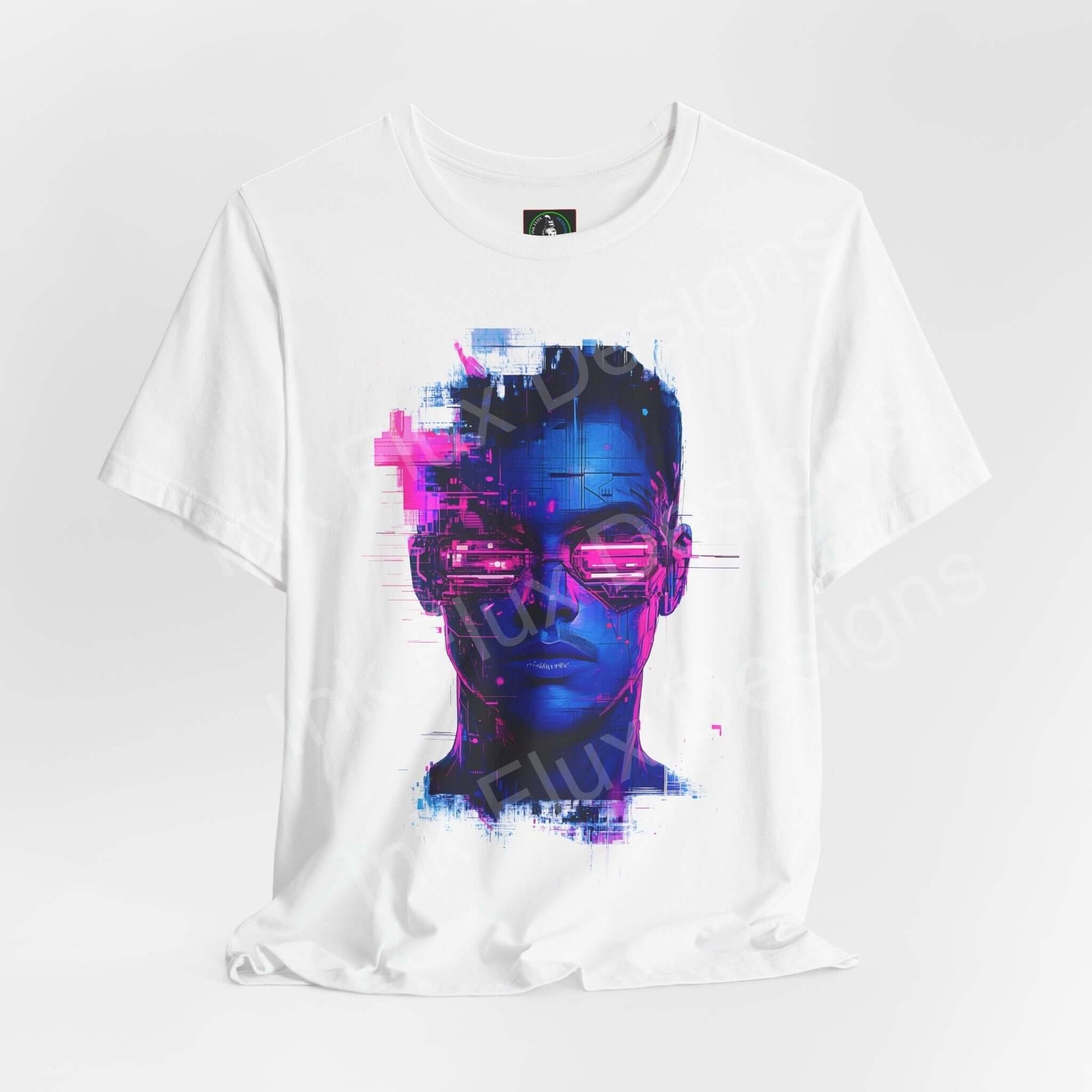 cyberpunk t-shirt featuring a futuristic portrait with neon colors by Ink Flux Designs