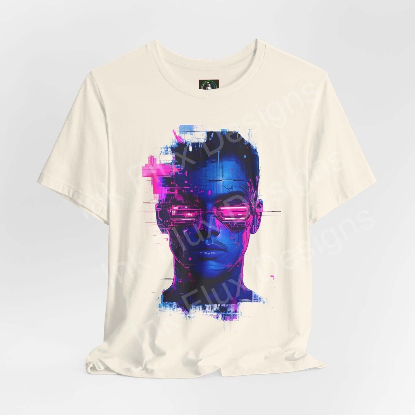 Unisex cream-colored T-shirt featuring a vibrant cyberpunk portrait graphic in pink and blue tones, from Bella+Canvas.