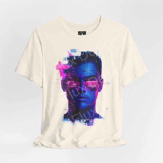 Cyberpunk T-Shirt featuring a futuristic portrait graphic by Ink Flux Designs in vibrant electric colors.