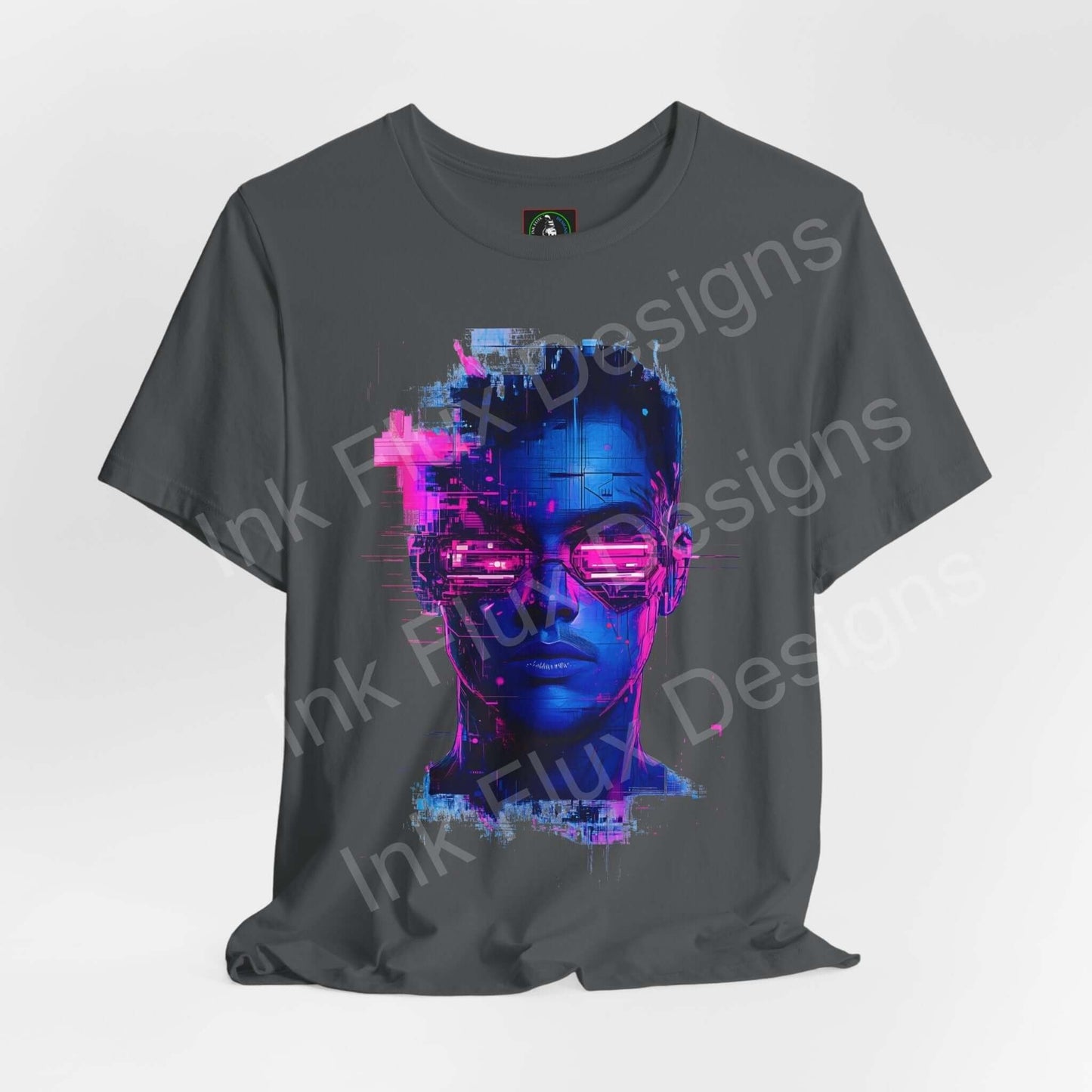 Unisex gray T-shirt featuring a vibrant Cyberpunk Portrait II graphic, designed by InkFlux Designs, showcasing a modern and artistic style with a focus on comfort and sustainability.