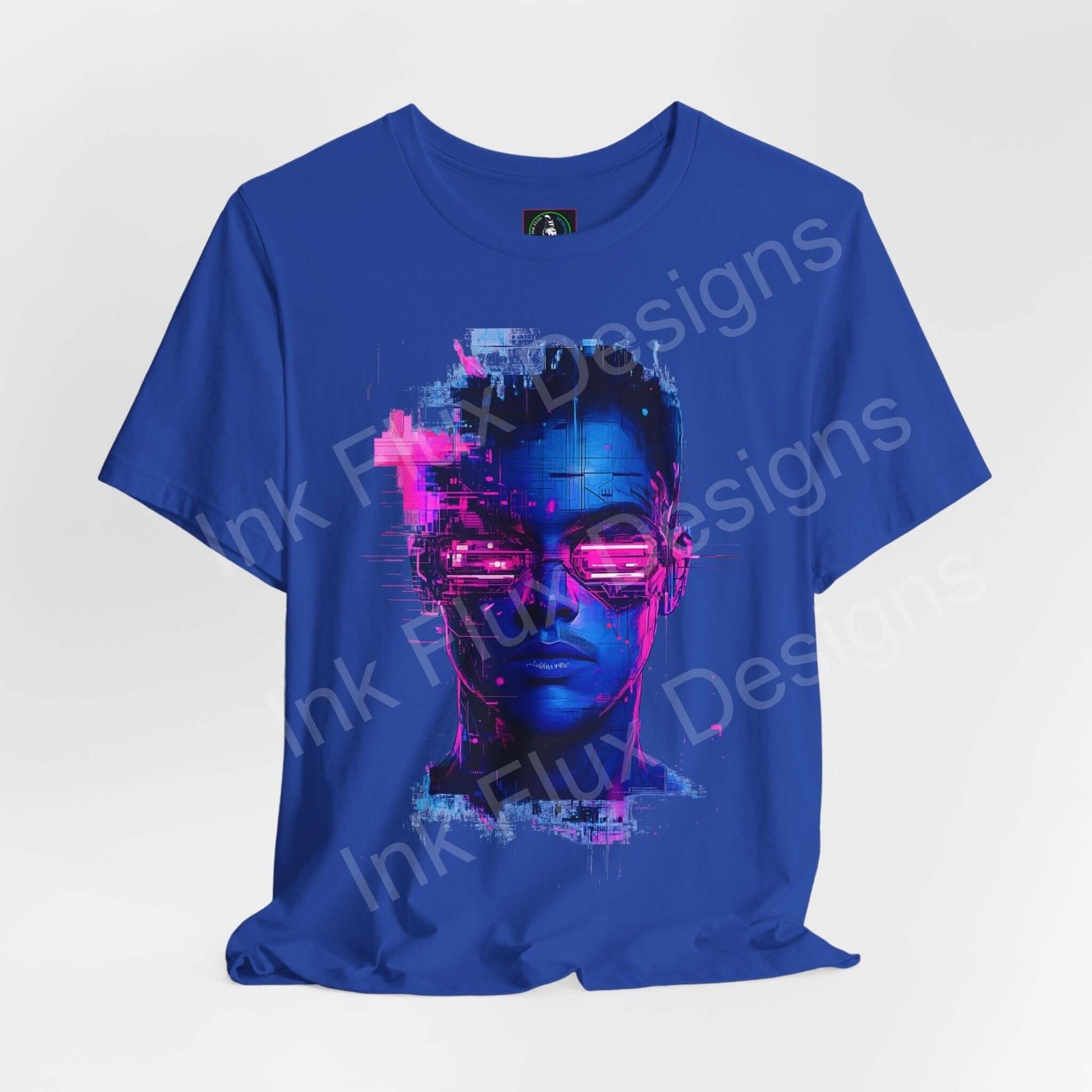 Cyberpunk T-Shirt featuring a futuristic portrait in vibrant neon colors by Ink Flux Designs.