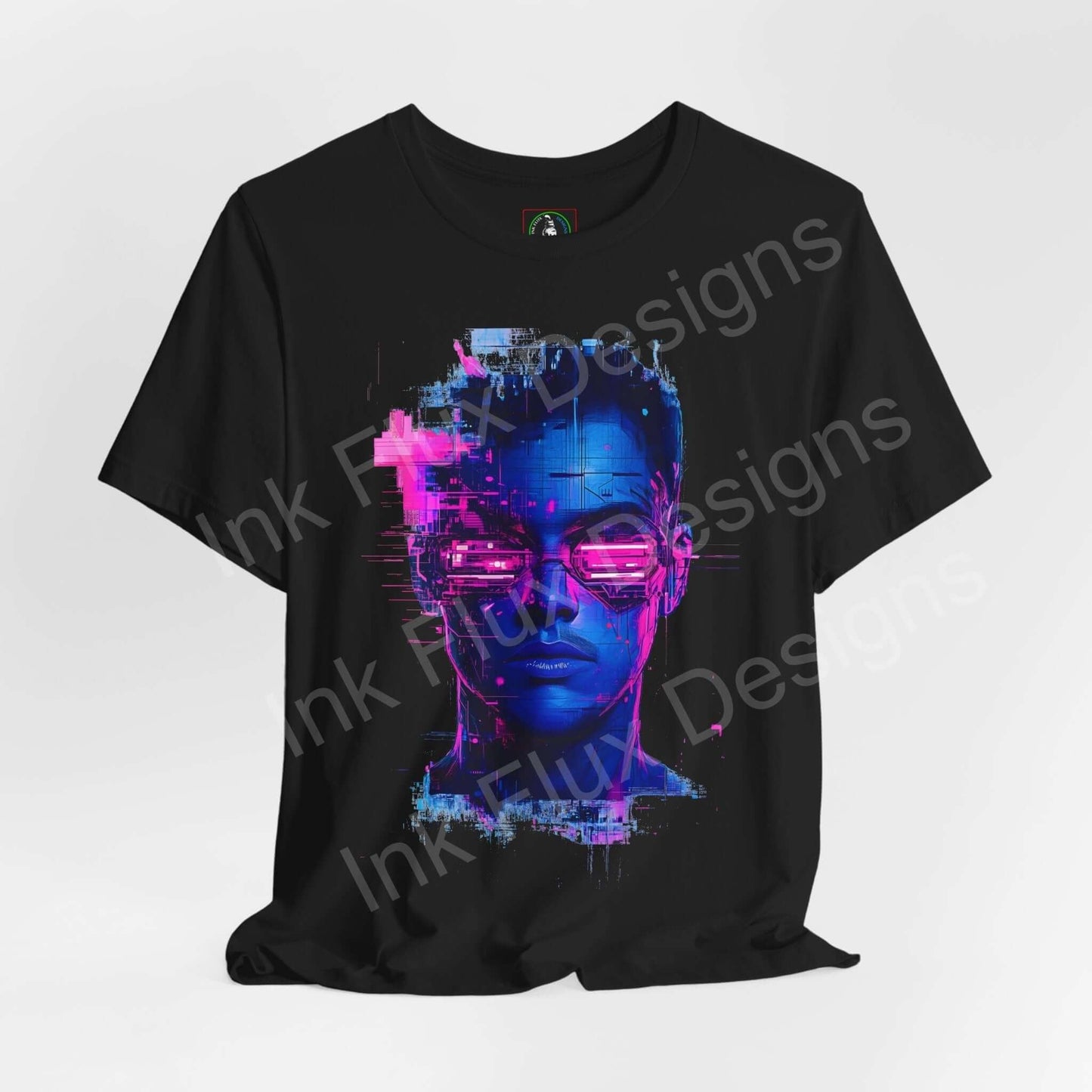 Cyberpunk Portrait II graphic tee with vibrant glitch art on black, unisex jersey T-shirt by Bella+Canvas, ideal for style and comfort.
