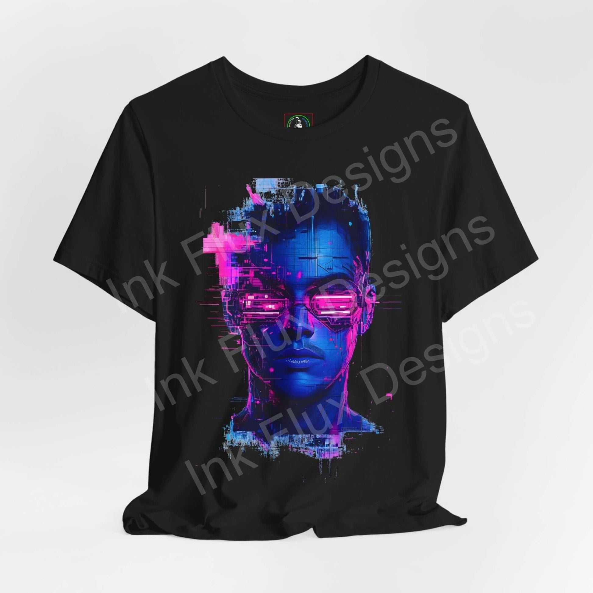 Cyberpunk T-Shirt featuring Portrait II graphic by Ink Flux Designs with vibrant neon colors.