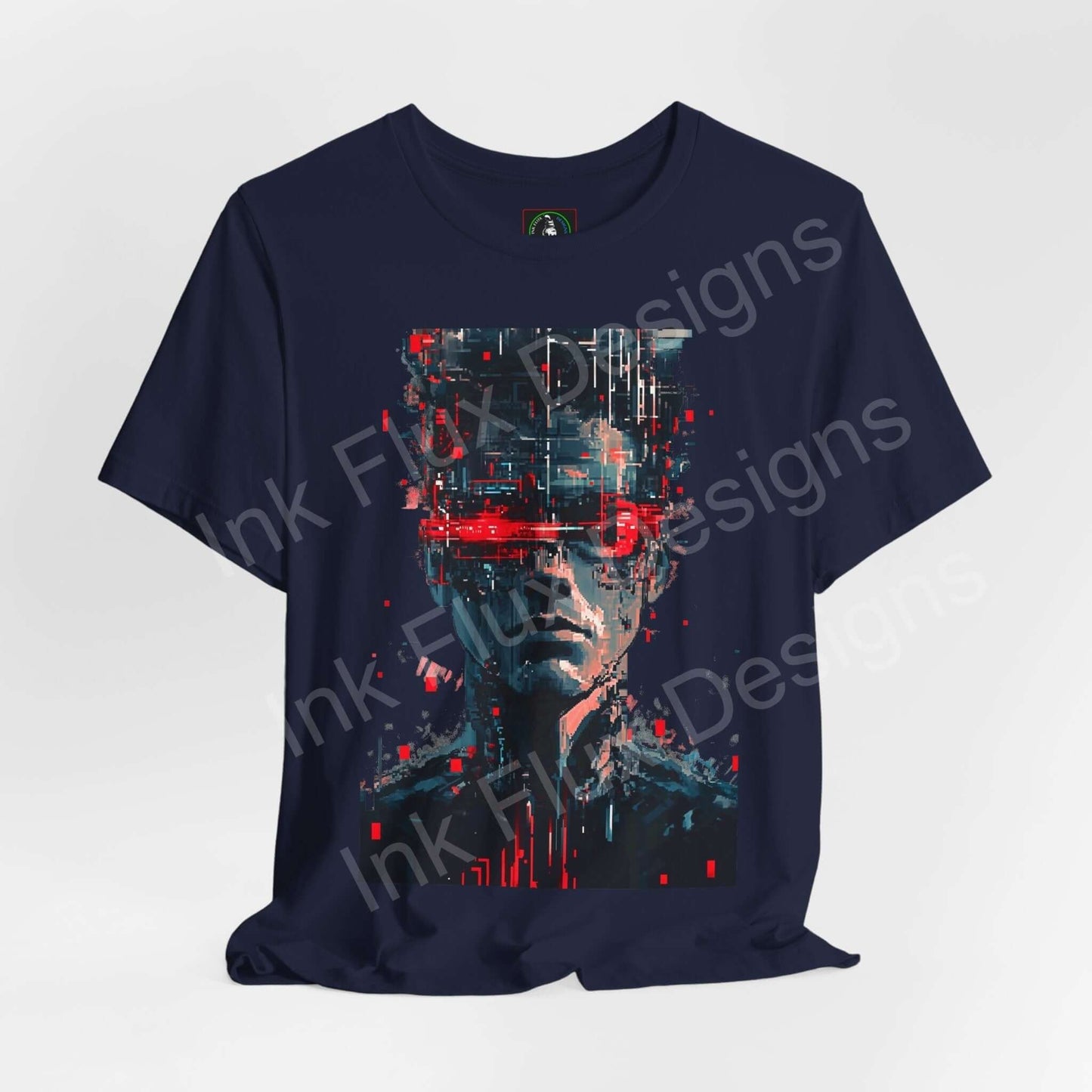 Navy Cyberpunk Portrait III graphic tee with a stylized, digital face print in red and blue tones on breathable cotton fabric, perfect for stylish comfort.