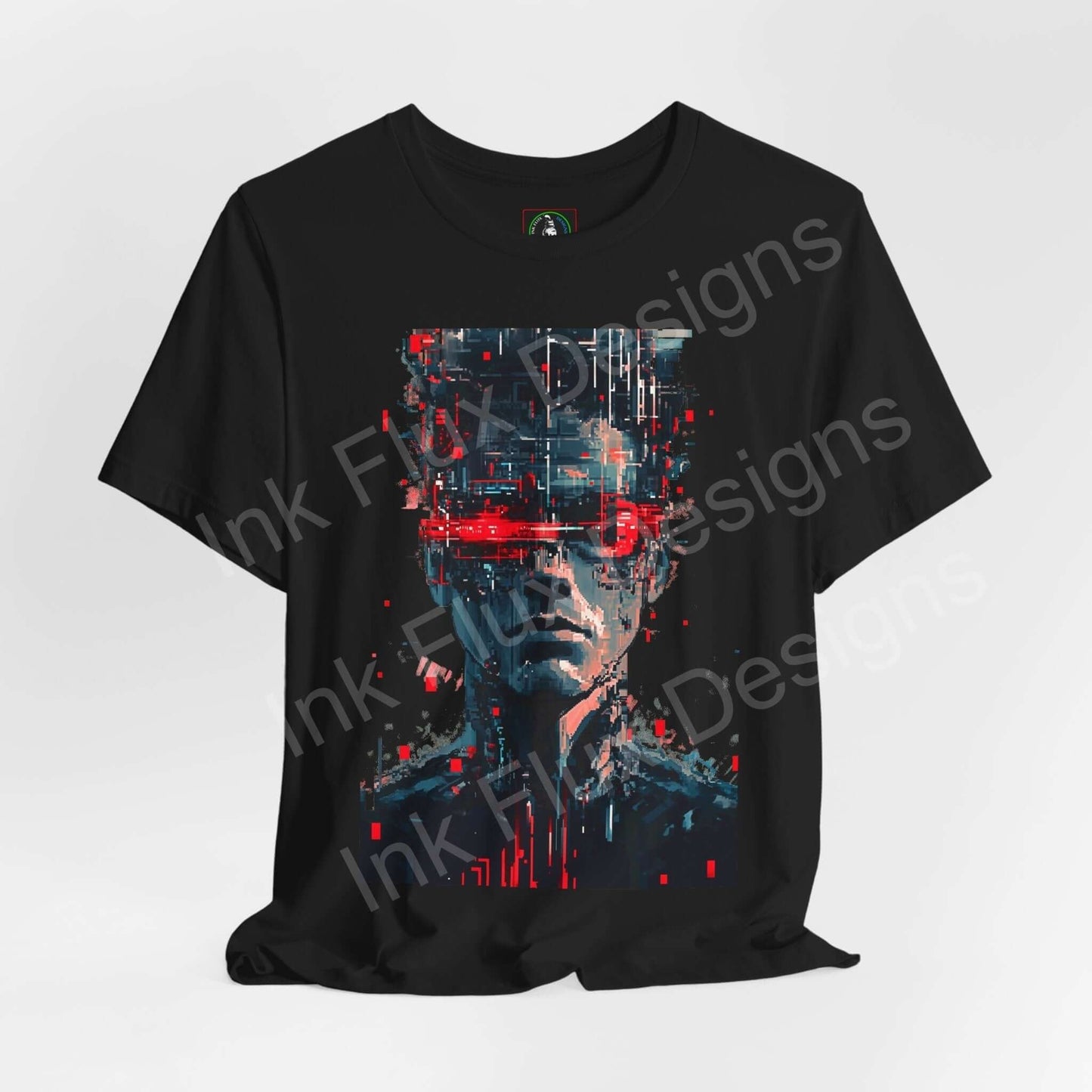 Cyberpunk Portrait III black T-shirt featuring a bold graphic of a cybernetic face in red and blue hues, crafted from sustainable Airlume cotton.