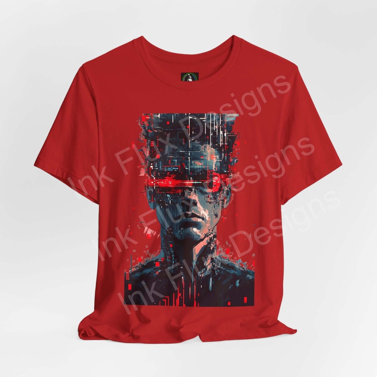 Red cyberpunk graphic tee featuring a digital portrait design, ideal for fans of stylish, ethically made T-shirts.