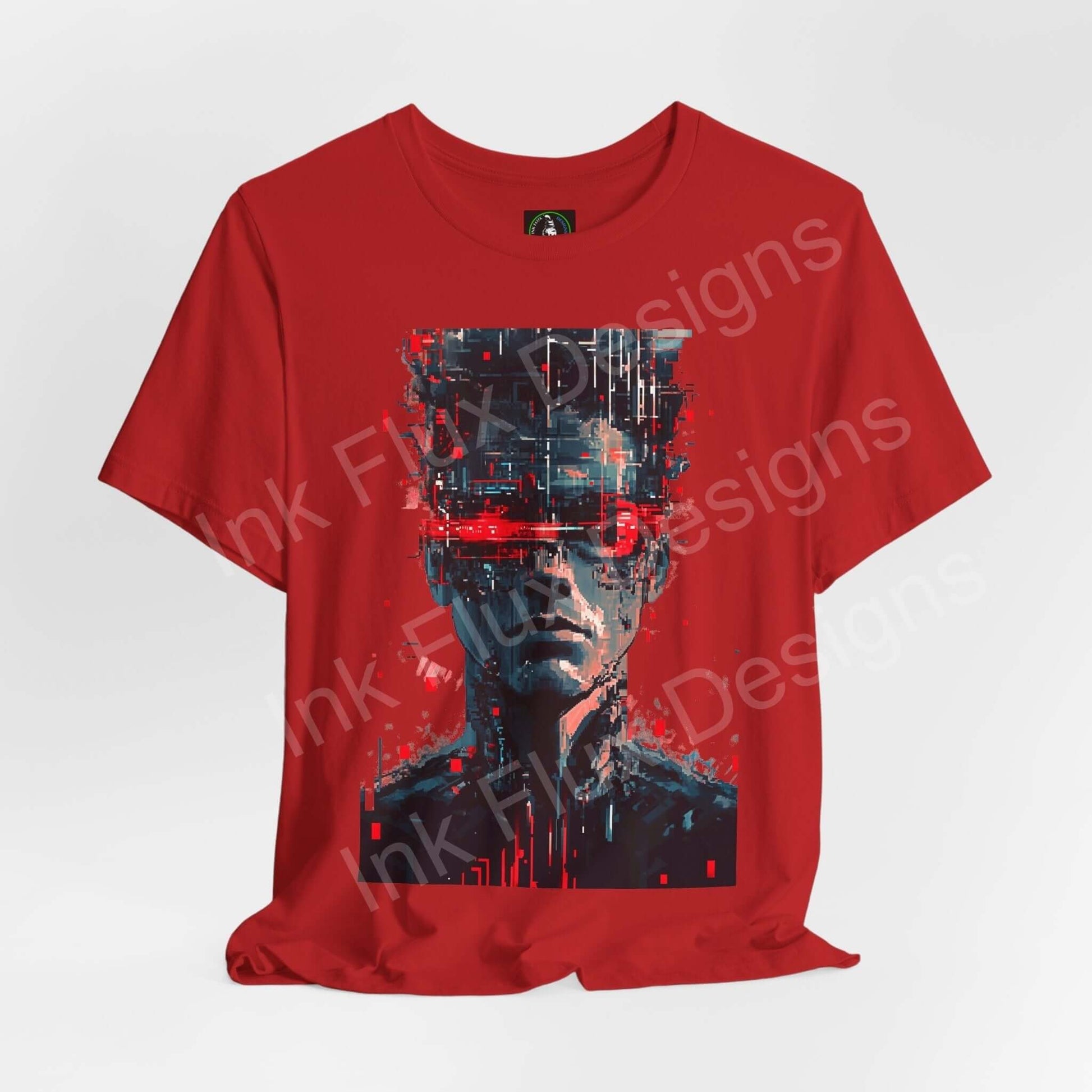 Cyberpunk t-shirt featuring Portrait III futuristic neon art design by Ink Flux Designs.
