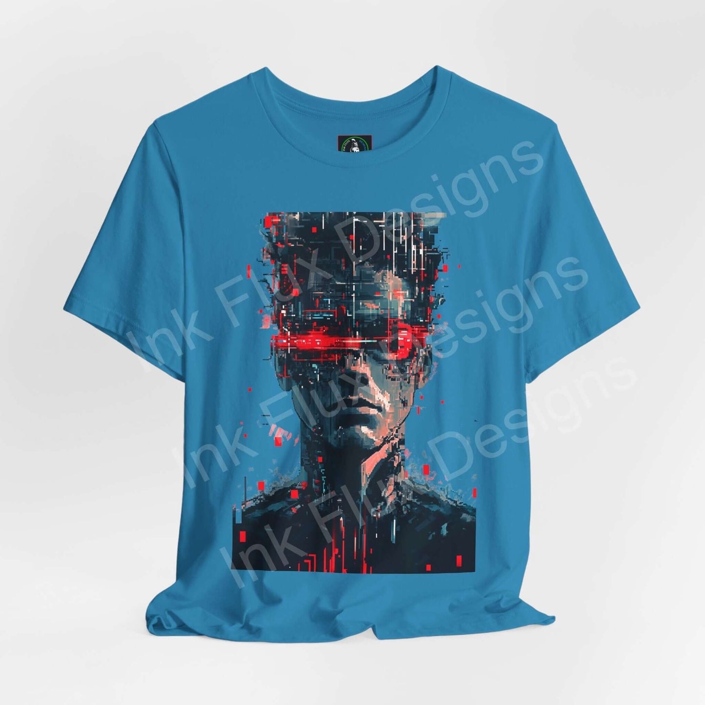 Blue Cyberpunk Graphic Tee featuring a stylized portrait with red digital accents, from the Bella+Canvas ethically made shirt collection.