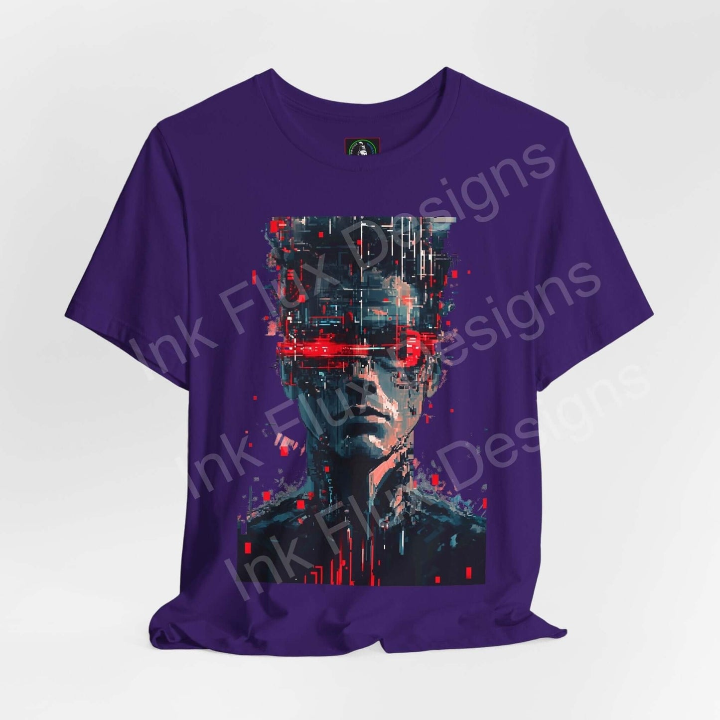 Cyberpunk graphic tee featuring a futuristic portrait design in vibrant colors on a purple unisex T-shirt, ideal for style and comfort.