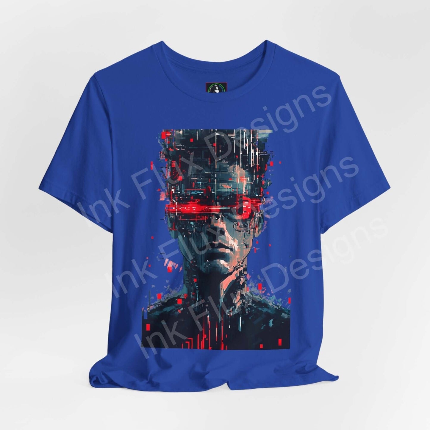 Blue unisex jersey T-shirt featuring a cyberpunk graphic print of a futuristic face with red and black digital elements.