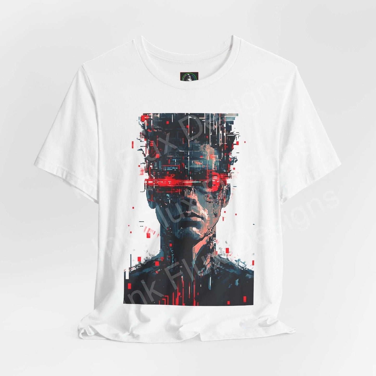 Cyberpunk Portrait III graphic tee featuring a futuristic face design in red and blue on a white unisex T-shirt.