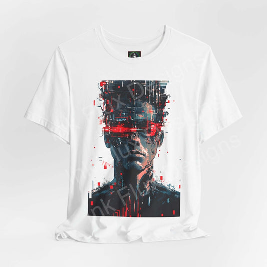 Cyberpunk t-shirt featuring Portrait III futuristic neon art by Ink Flux Designs, showcasing a digital rebel in vibrant colors.
