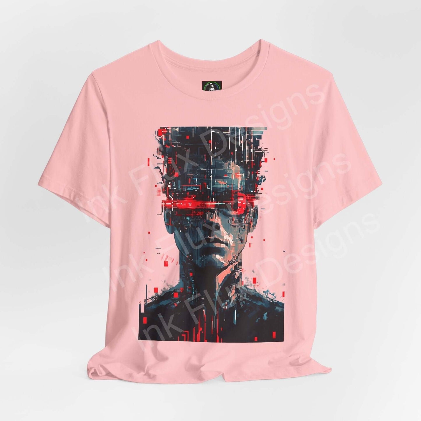 Pink unisex T-shirt with a graphic cyberpunk portrait design, featuring a stylized face in blue and red splatter, ideal for a contemporary look.