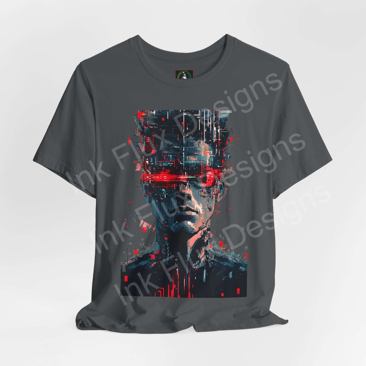 Unisex gray T-shirt featuring a vibrant cyberpunk graphic print with abstract face design, ideal for fans of graphic tees.