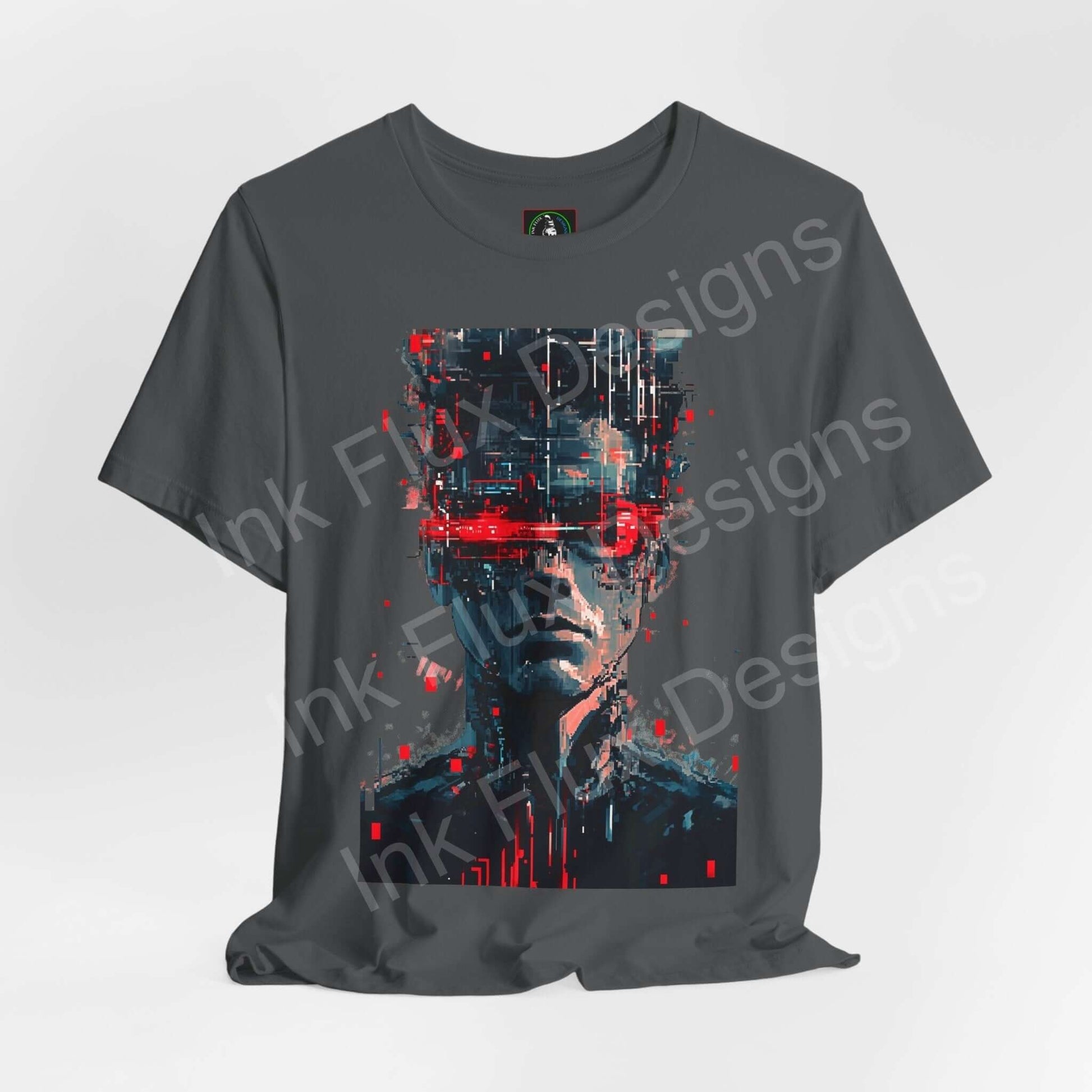Cyberpunk t-shirt featuring Portrait III futuristic neon art by Ink Flux Designs on a gray background.