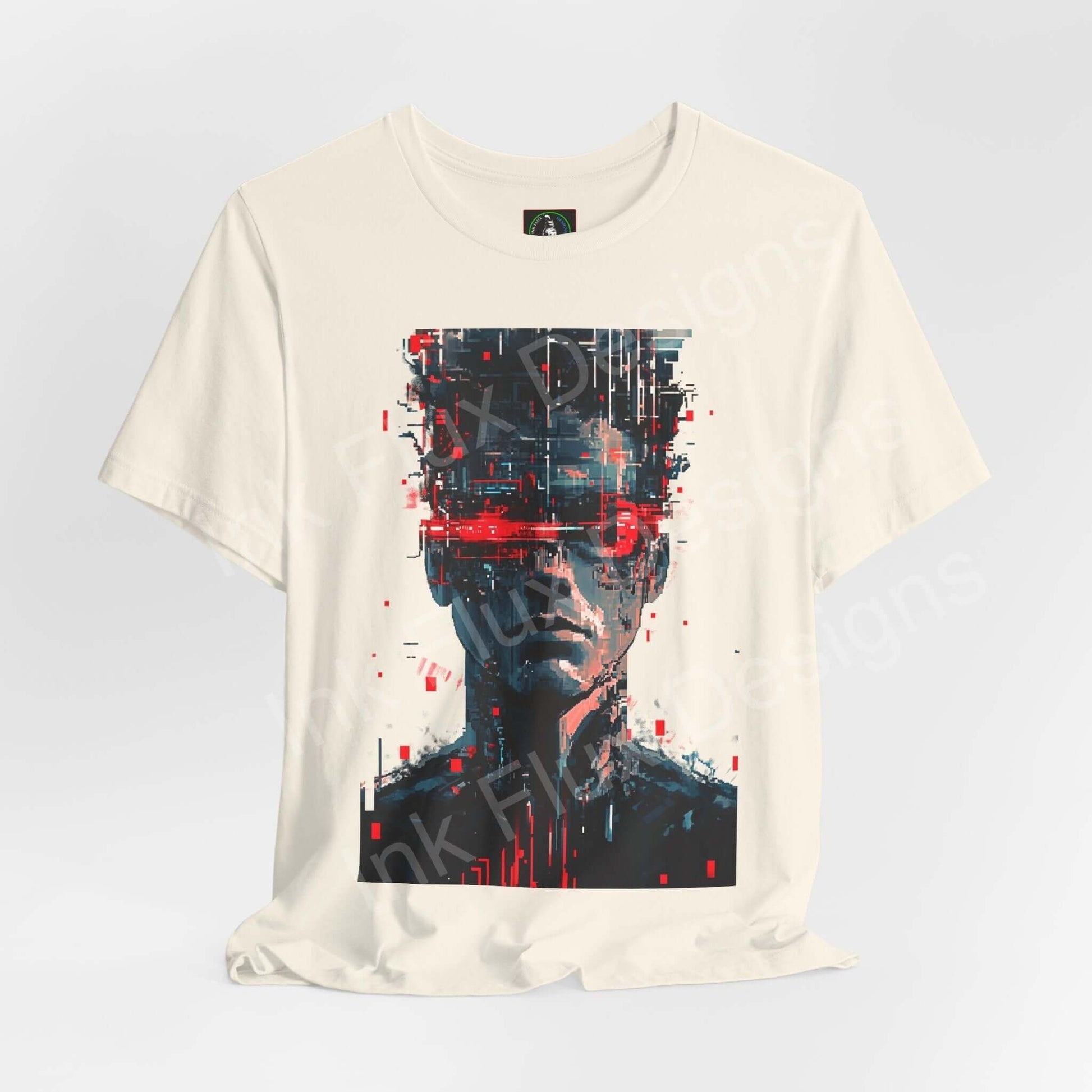 Cyberpunk t-shirt featuring Portrait III futuristic neon art by Ink Flux Designs, showcasing digital rebellion and synthetic beauty.
