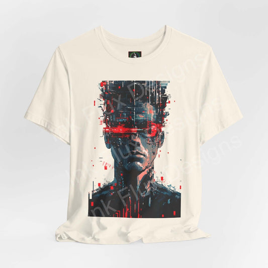 Cyberpunk t-shirt featuring Portrait III futuristic neon art by Ink Flux Designs, showcasing digital rebellion and synthetic beauty.