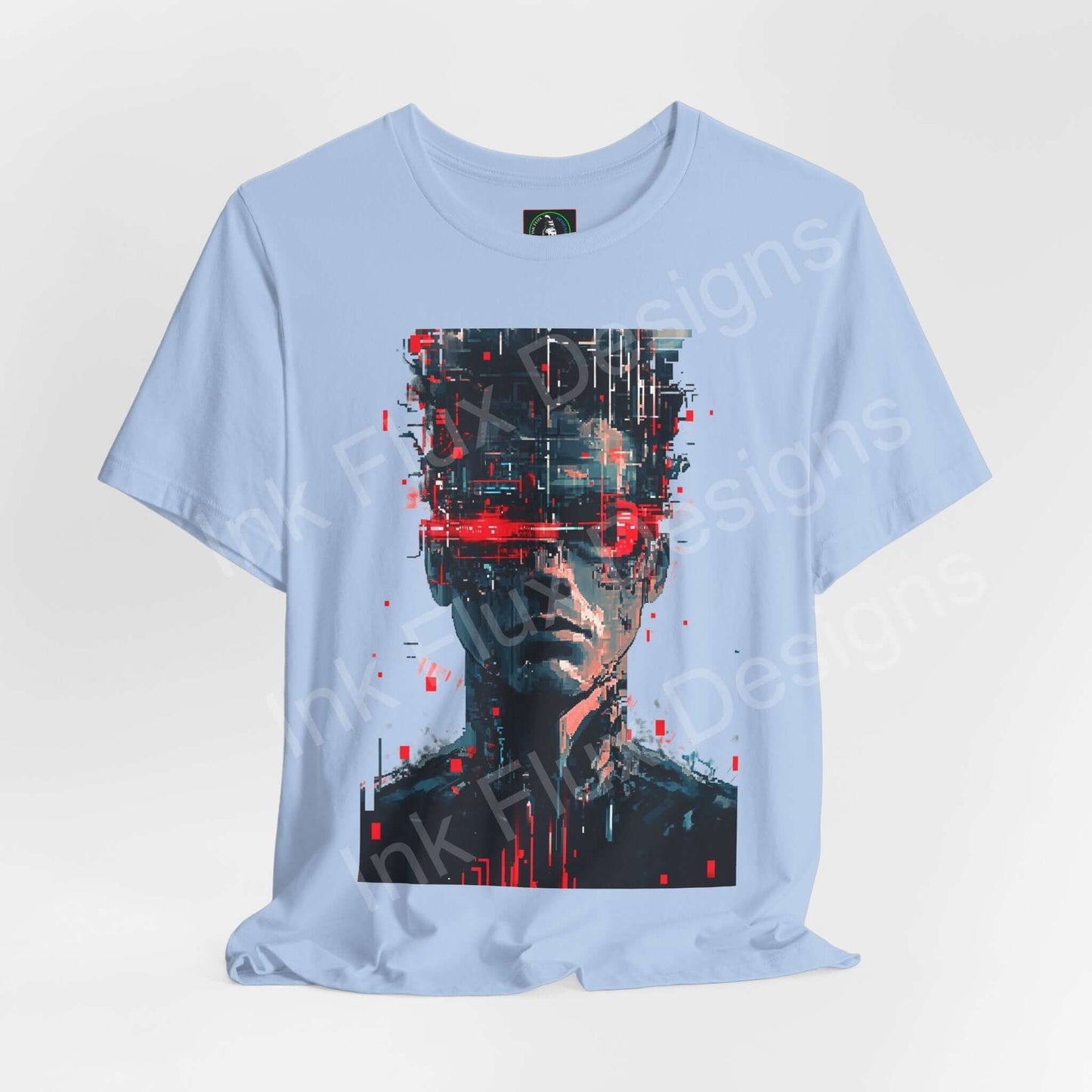 Light blue unisex Cyberpunk graphic tee featuring a stylized red and black digital portrait design, Bella+Canvas, ethically made.
