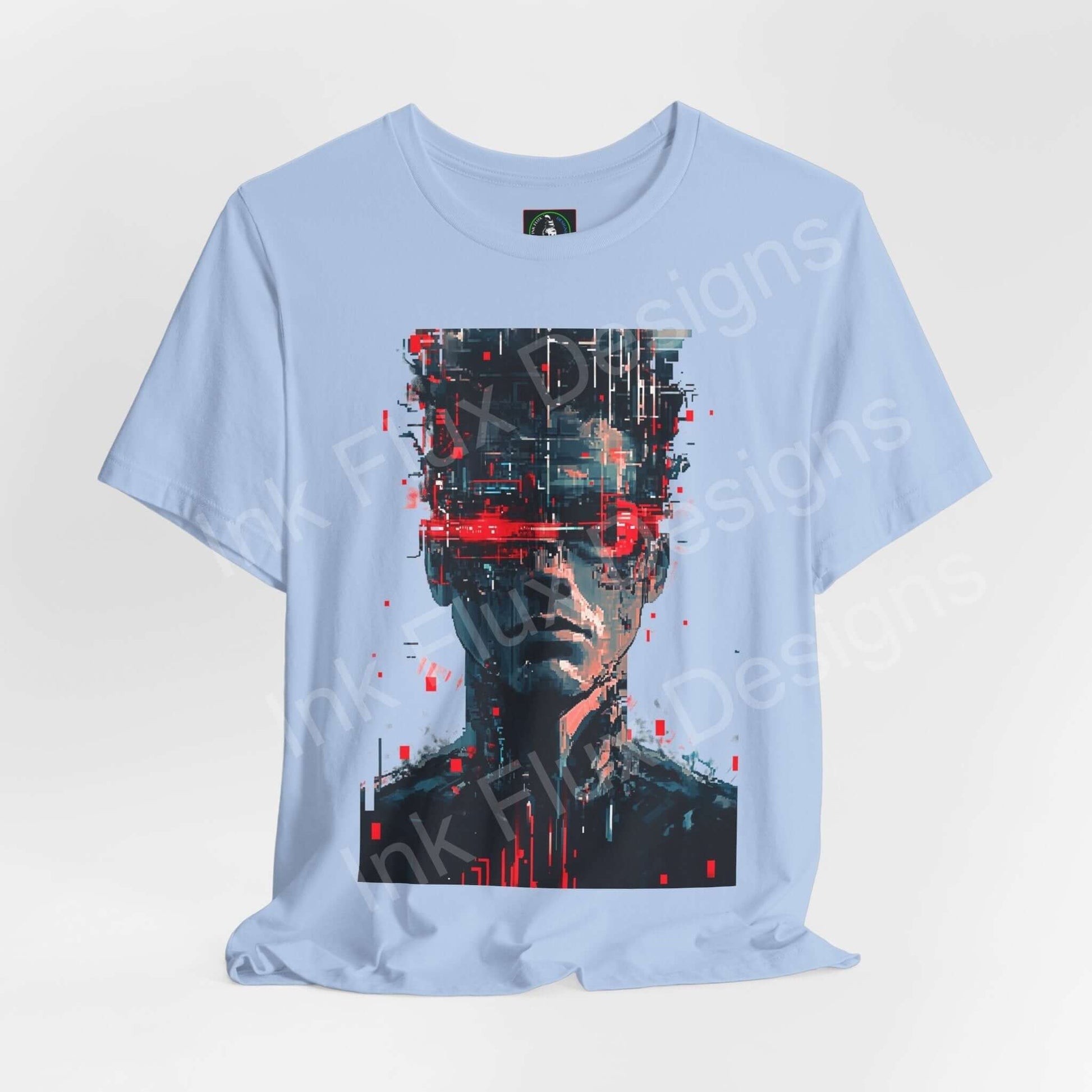 Cyberpunk t-shirt featuring Portrait III futuristic neon art by Ink Flux Designs on a light blue background.