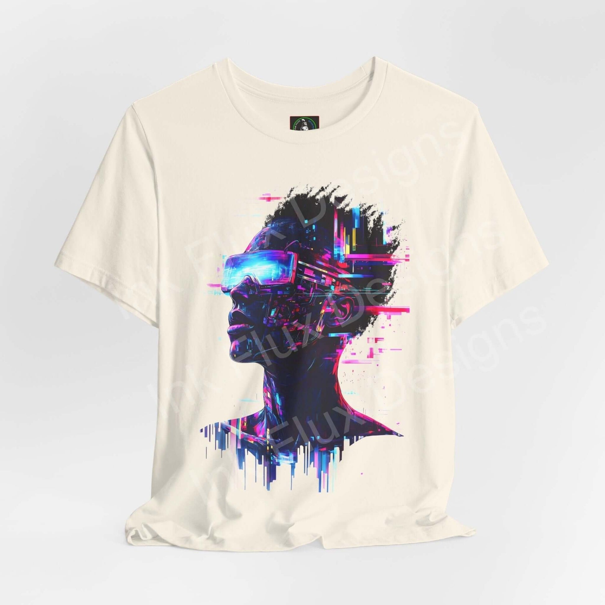Cyberpunk t-shirt featuring Portrait IV design with vibrant neon colors and futuristic art by Ink Flux Designs.