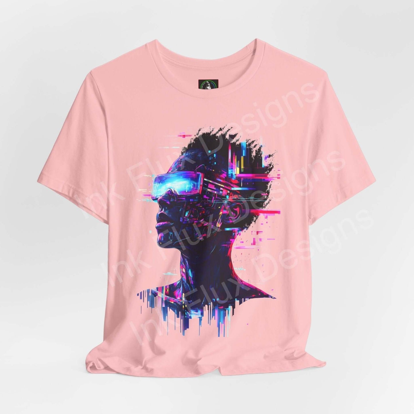 Pink Cyberpunk IV graphic tee featuring a vibrant, futuristic portrait design on a unisex jersey T-shirt by Bella+Canvas.