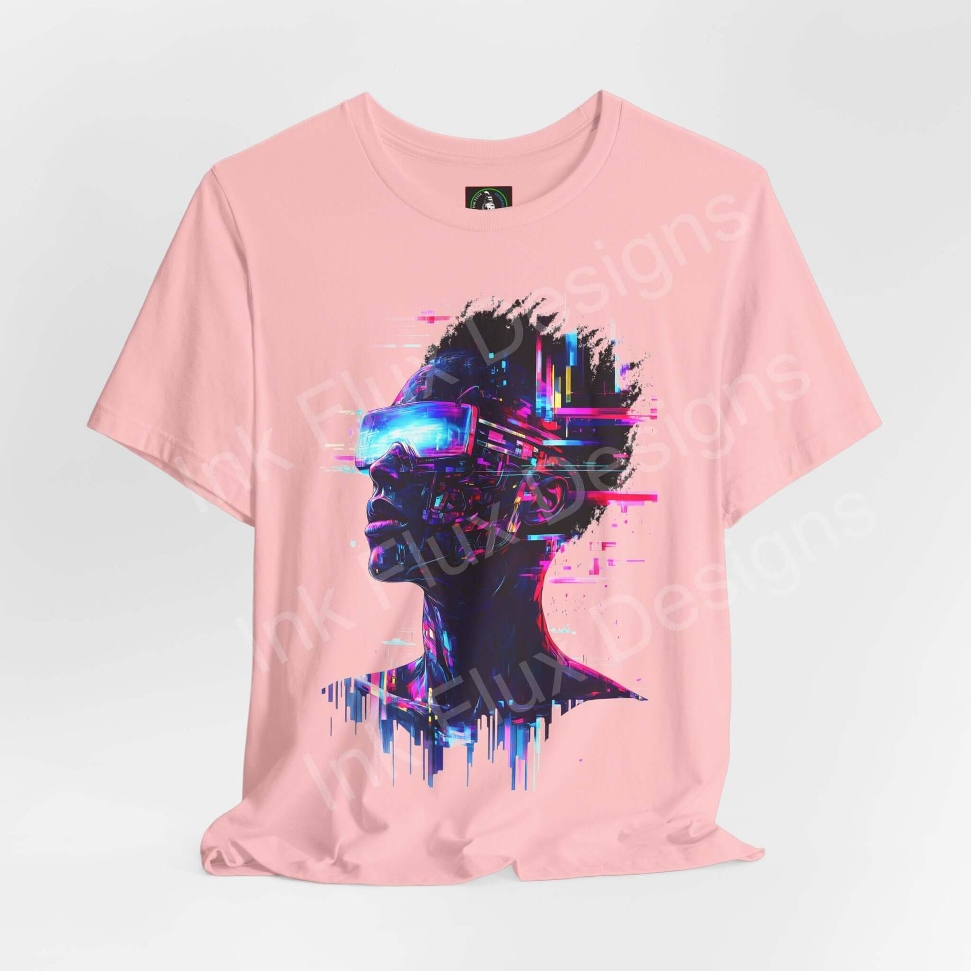 Cyberpunk t-shirt featuring Portrait IV Neon Vision futuristic art by Ink Flux Designs.