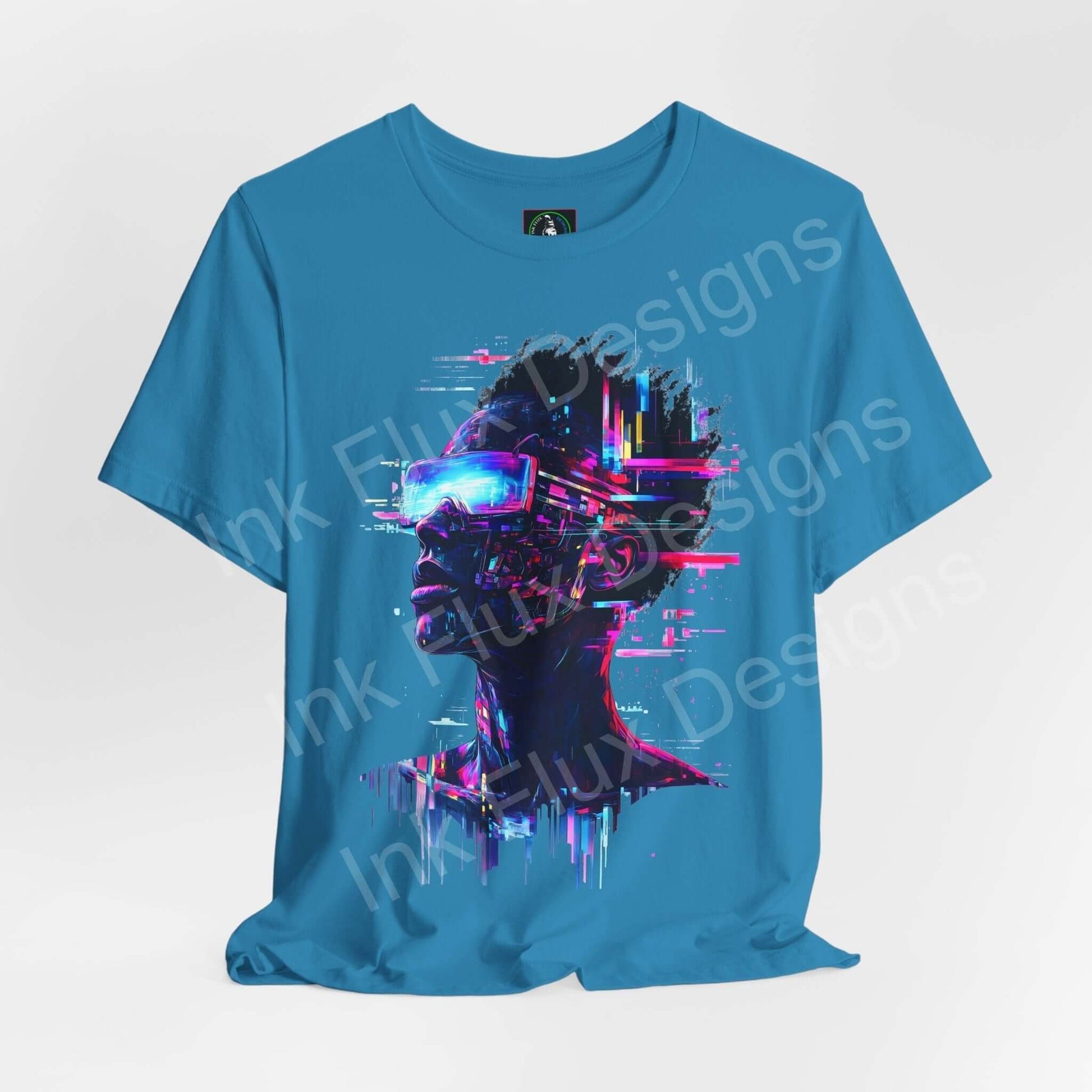 Cyberpunk T-Shirt featuring Portrait IV design with neon colors and futuristic art by Ink Flux Designs.