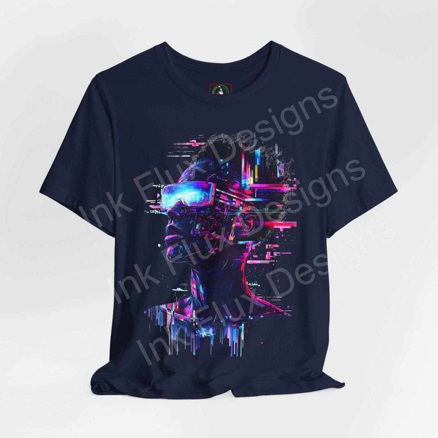 Cyberpunk Portrait IV graphic tee featuring a vibrant, futuristic design on a navy blue unisex T-shirt.