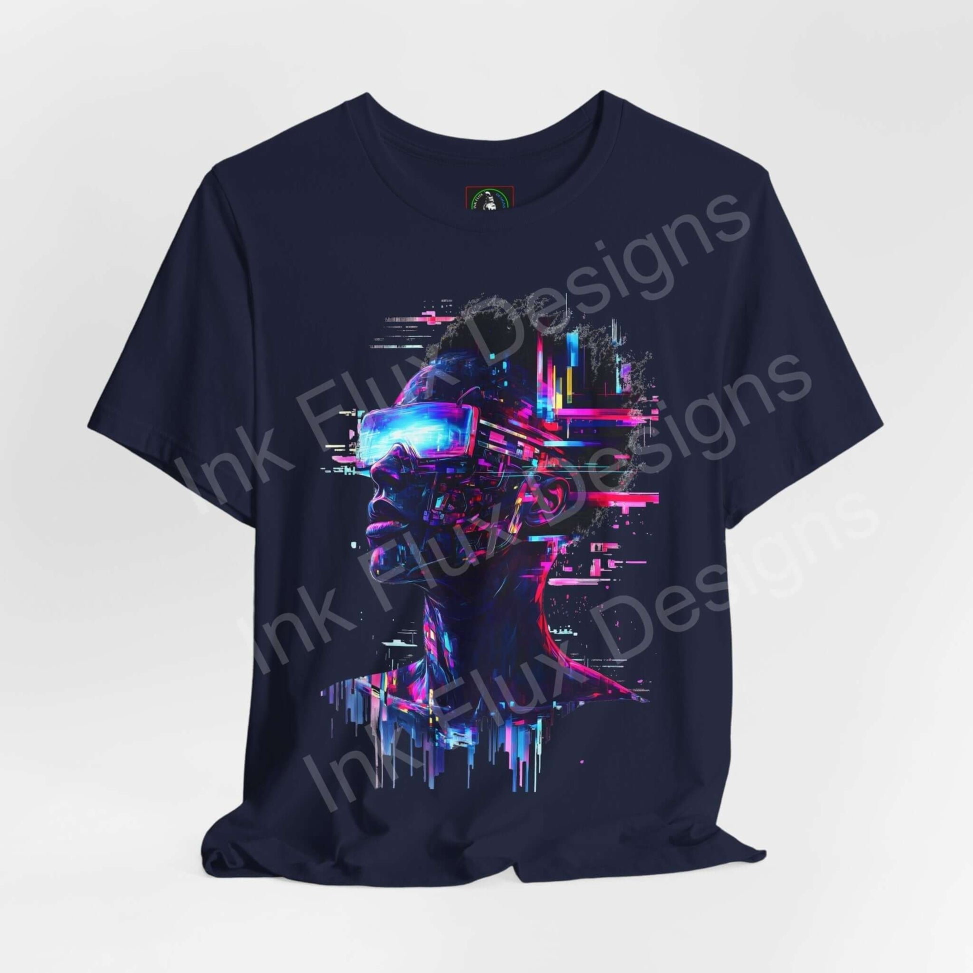 Cyberpunk t-shirt featuring Portrait IV neon vision futuristic art by Ink Flux Designs in vibrant colors.