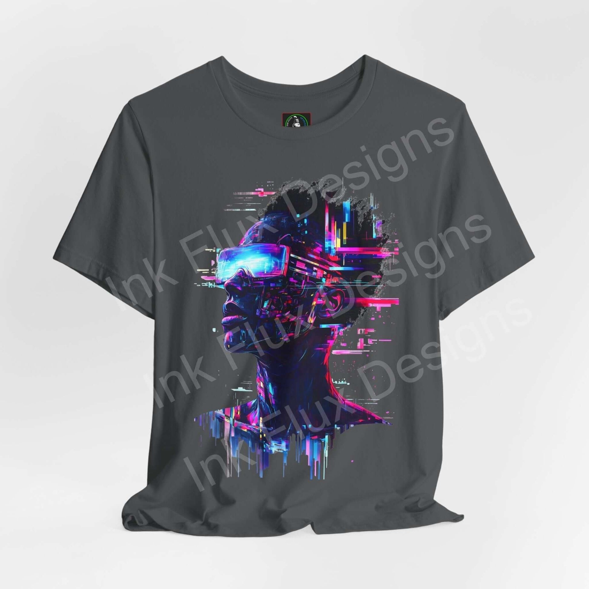Cyberpunk t-shirt featuring a neon portrait with futuristic art by Ink Flux Designs.
