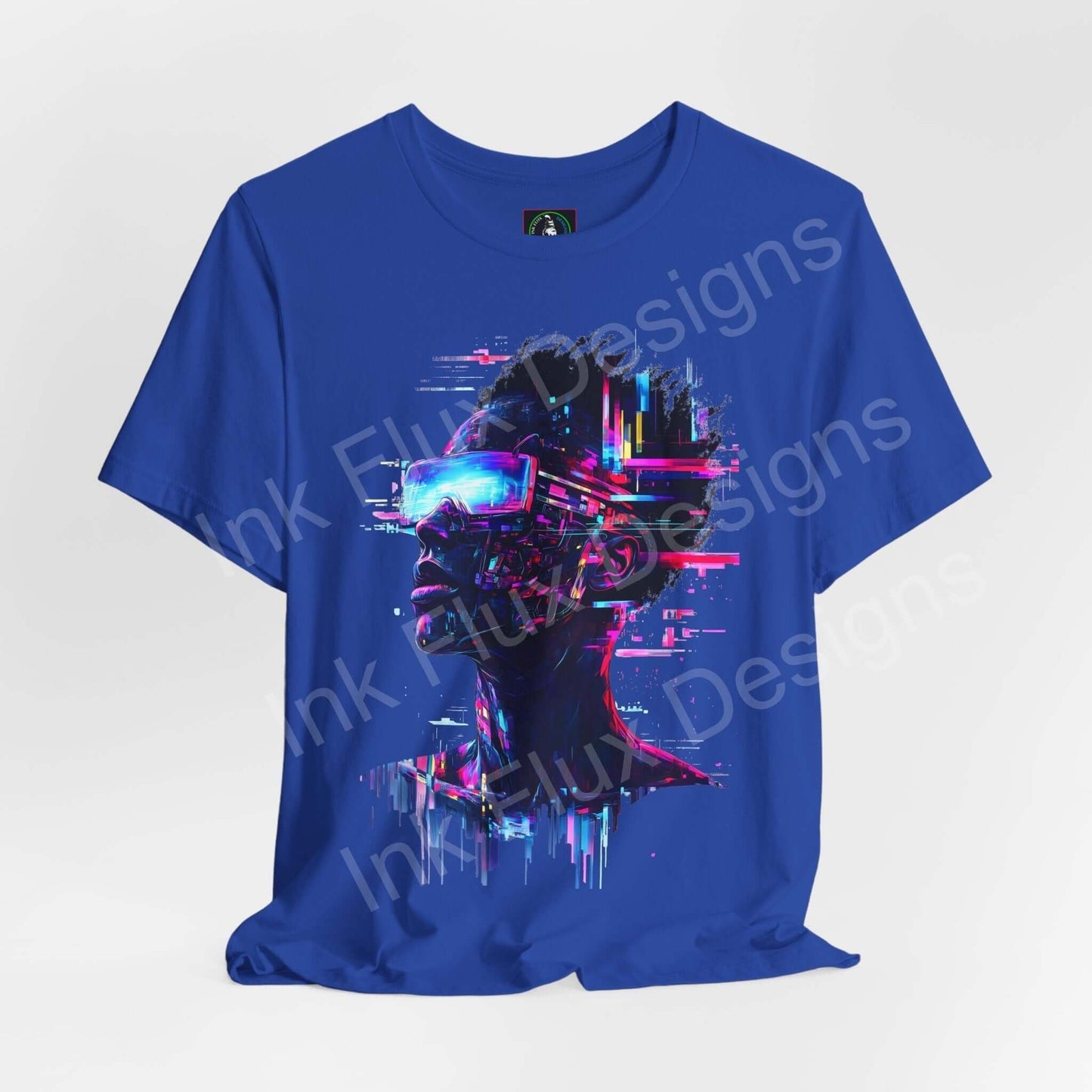 Cyberpunk Portrait IV graphic tee in blue, featuring vibrant neon cyber-themed design on unisex Airlume cotton T-shirt.