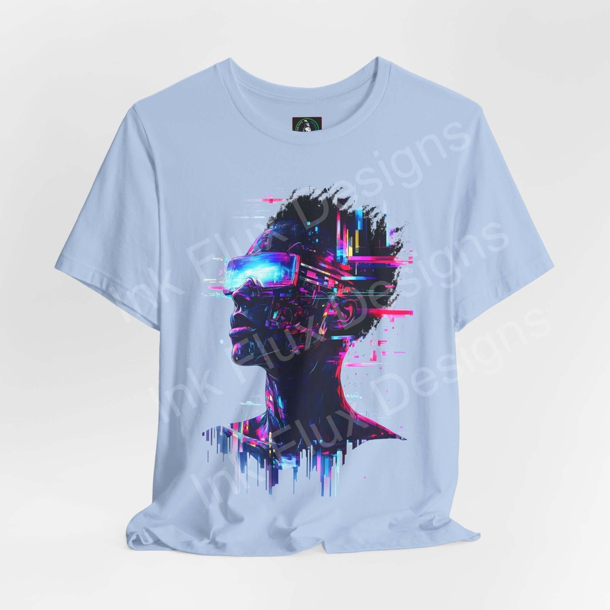 Cyberpunk t-shirt featuring a neon portrait of a futuristic figure with virtual reality goggles by Ink Flux Designs.