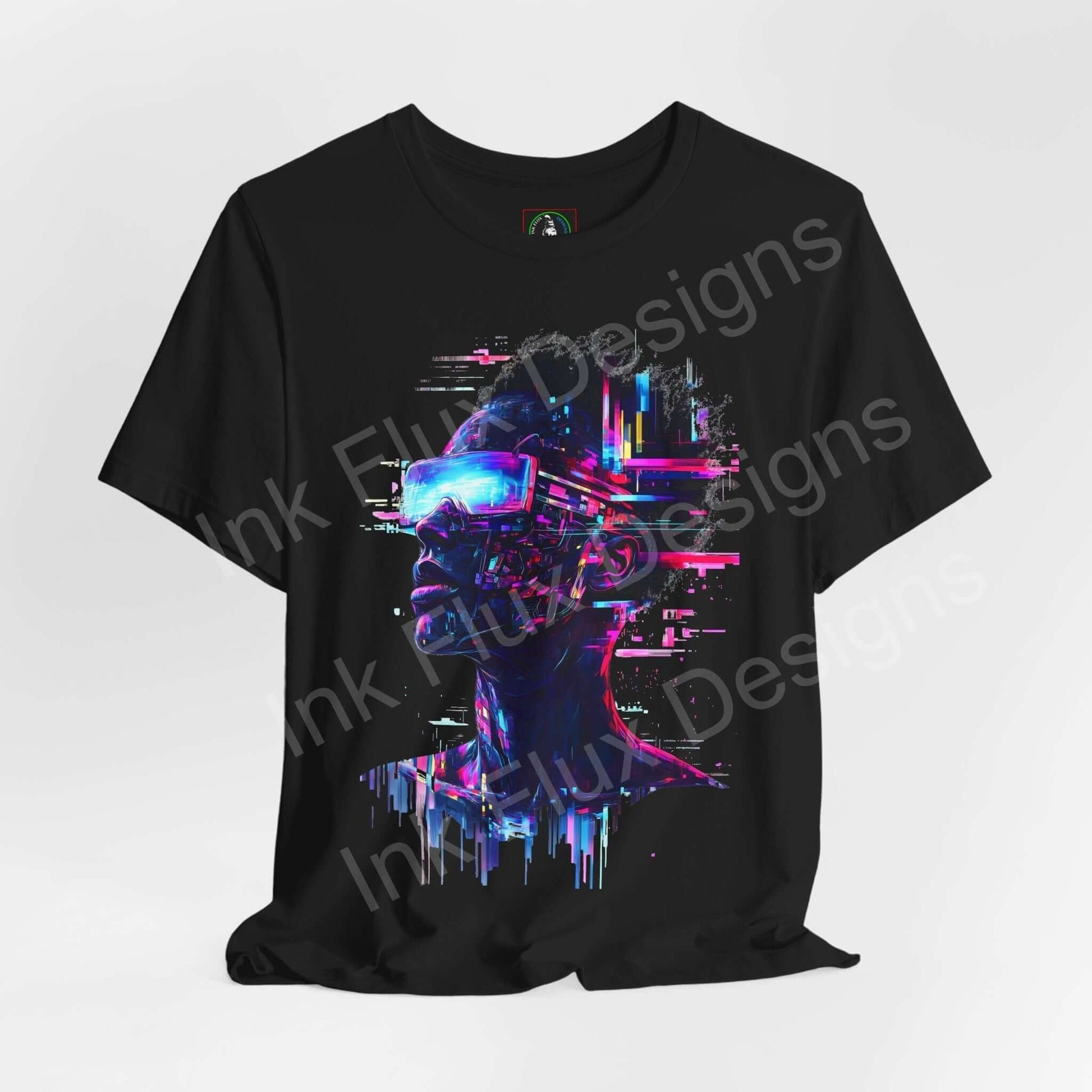 Cyberpunk t-shirt featuring a luminous portrait with neon colors and futuristic design by Ink Flux Designs.